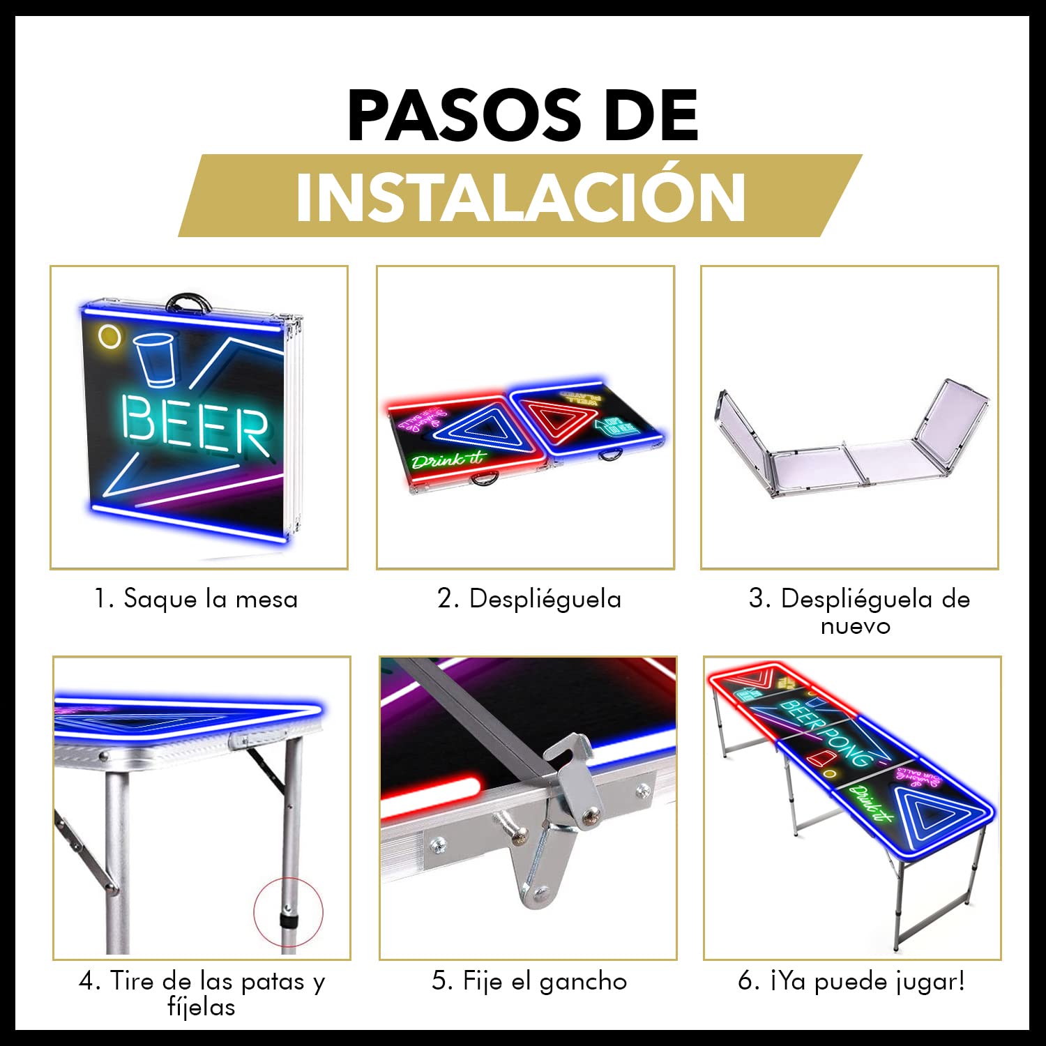 Original Cup® - Mesa de Beer Pong® Iluminada con Luces de Neón Rojas y Azules - Plegable y Transportable con Revestimiento Impermeable Anti Rayos - Aprobada para Torneos de Beer Pong - Juego