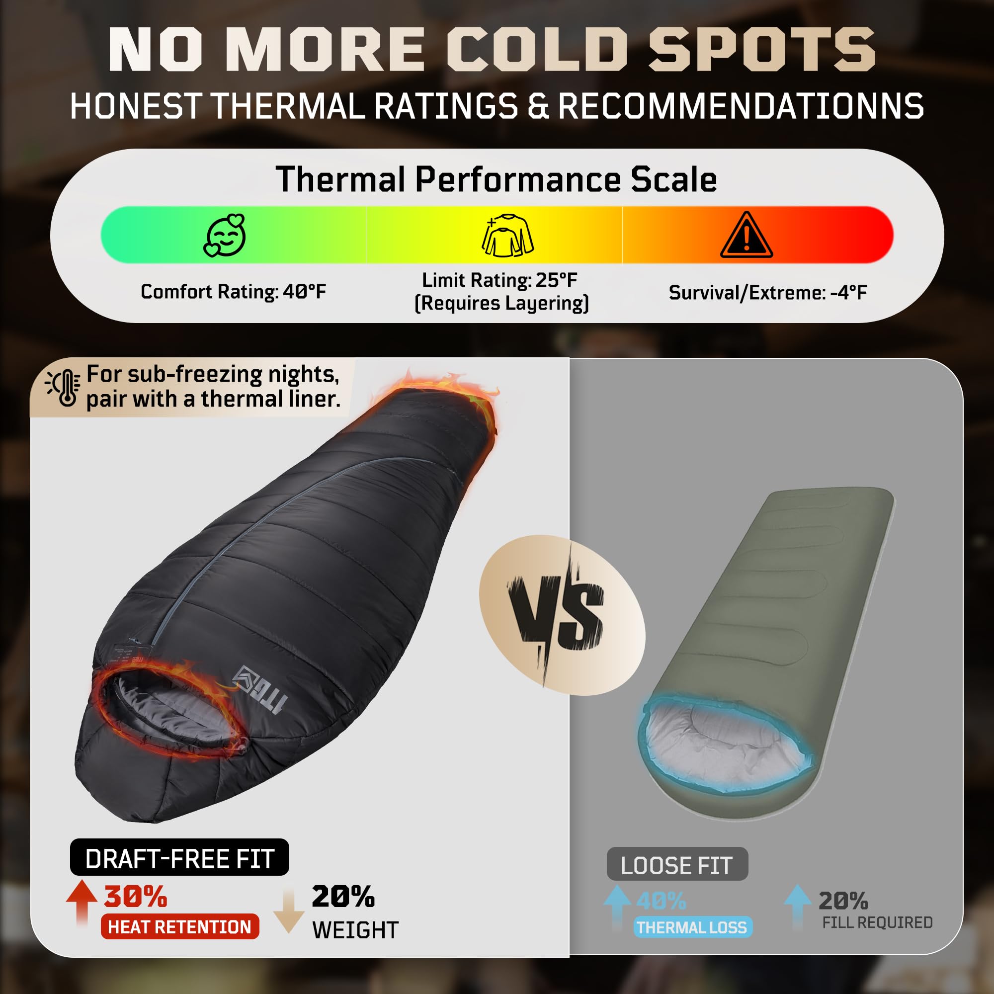 Sac de couchage momie pour adultes, sac de couchage de camping par temps froid (-3,9 à 2,2 °C) avec capuche réglable, poche pour téléphone, sac de compression pour le camping, la randonnée