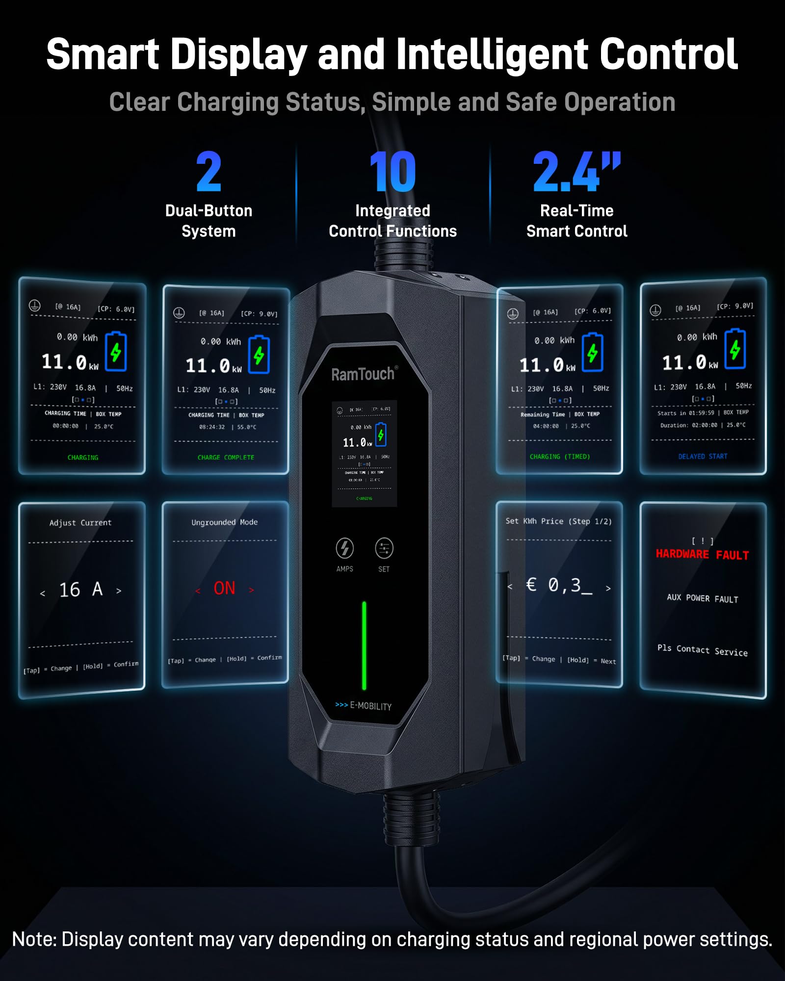 Cargador Coche Eléctrico 11 kW, 16 A, 5 m | CEE Rojo 5P a Tipo 2 | Trifásico | IP67 | 6–16 A | Timer + inicio diferido | LCD 2,4" | RCD CA/CC | Cable Modo 2 / wallbox móvil | para VE y PHEV