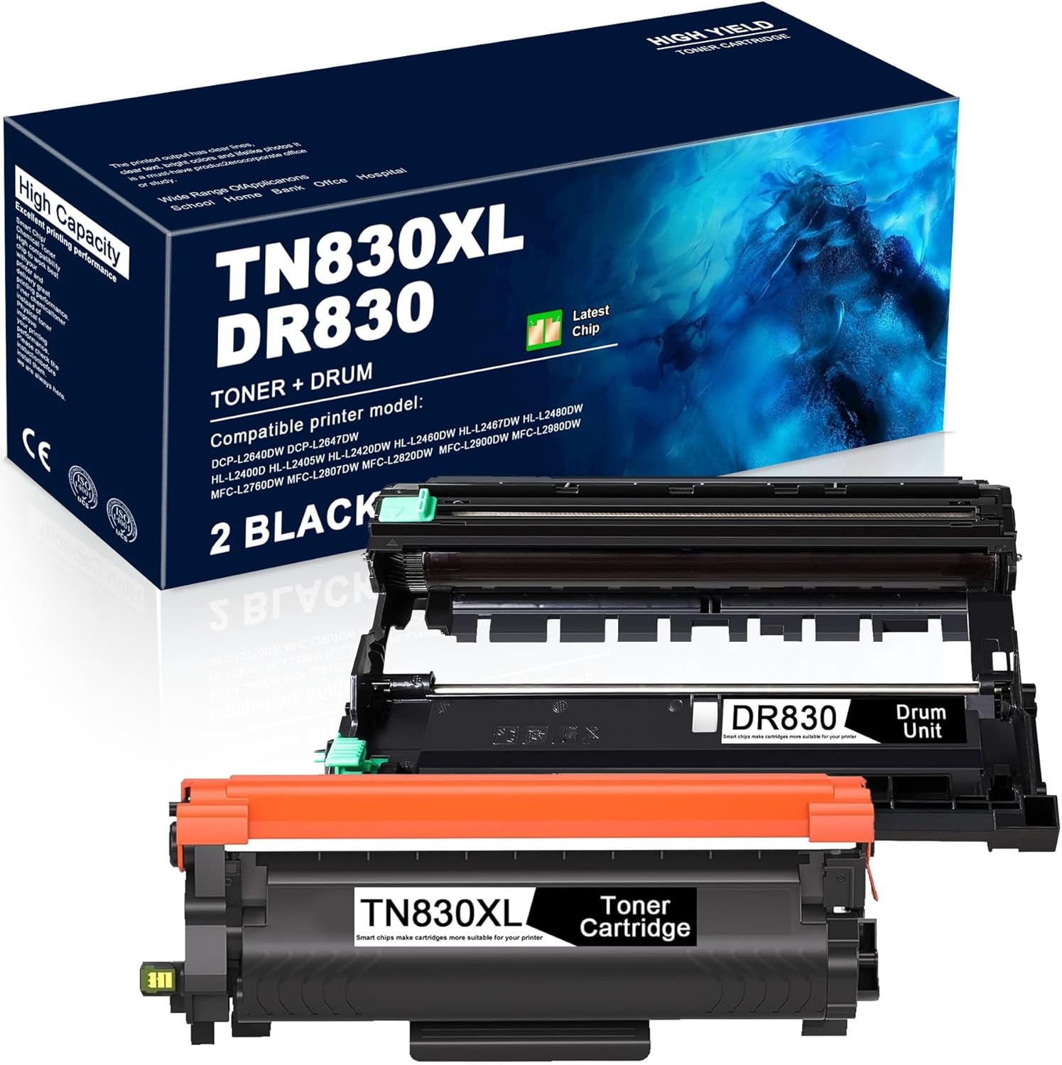 TN830XL Toner and DR830 Drum (High Yield, 2Pack) Replacement for Brother TN830 TN830XL DR830 Work with DCP-L2640DW HL-L2400D HL-L2405W HL-L2480DW HL-L2460DW MFC-L2820DW Printer,1 Toner 1 Drum