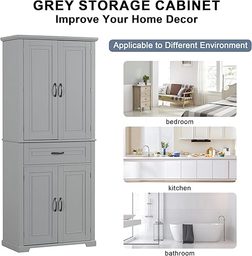 Miniatura 42 de Armario de baño de 64 pulgadas con 4 estantes, puertas y 1 cajón, armario alto con estantes ajustables para baño, cocina en casa, sala de estar