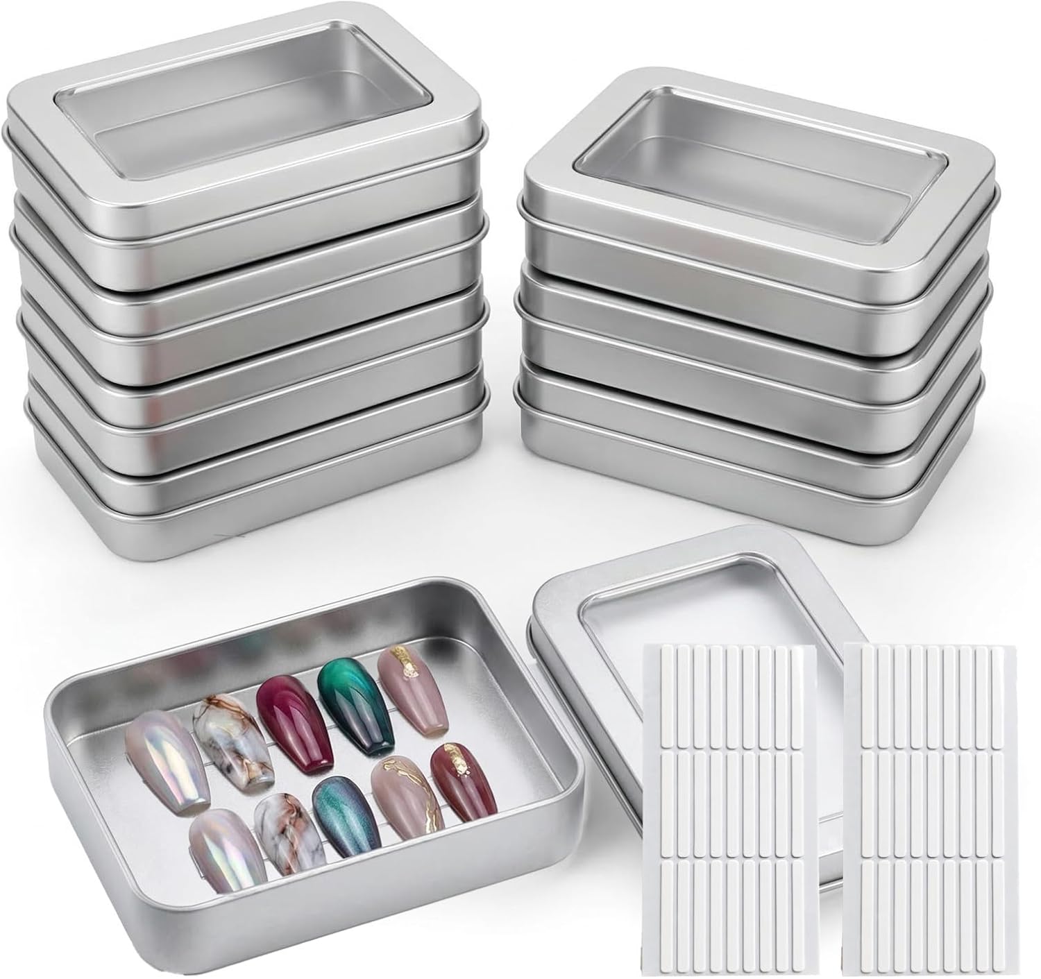 8 Pcs Press on Nail Packaging Boxes with 60 Pcs Adhesive Tapes, Metal Press on Nail Storage Box Organizer with Clear Window, Professional Nails Art Display Case (Silver)