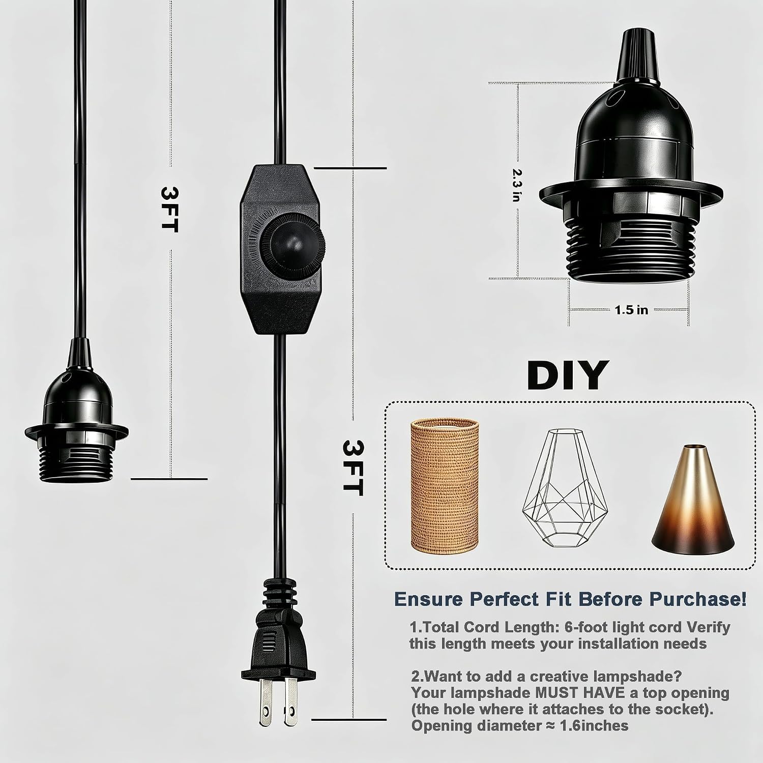 [UL Listed] 6 Feet Pendant Light Kit with Bulb and Dimmer Switch, Hanging Lamp Cord Set Plug in, E26 Edison Bulb Socket for Light Fixture and Lampshades, a Bulb Included, Black