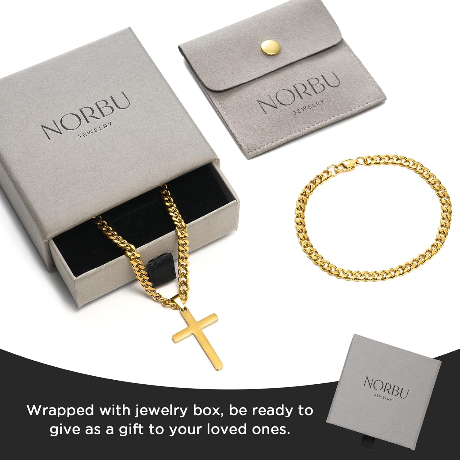 NORBU Stainless Steel Cross Necklace and Bracelet Set for Men, Cuban Link/Wheat/Figaro/Box Chains 20" Length, Bracelet 7 1/2" and 8" Length, No Tarnish & Durable Mens Religious Gift - Image 6