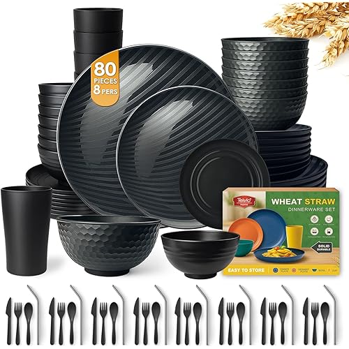 Teivio 80-Piece With Flatware Kitchen Plastic Wheat Straw Dinnerware Set for 8, Dinner/Dessert/Appetizer Plates, Cereal Fruit Bowls, Pasta Bowls, Cups, Unbreakable Dishwasher Safe Outdoor Dish, Black