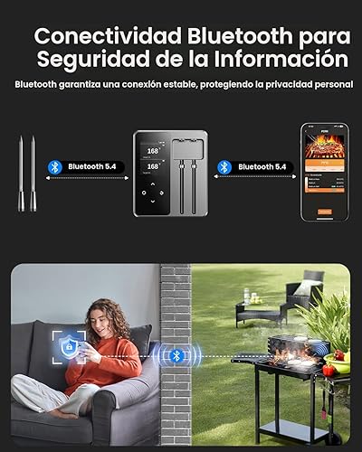 Miniatura 3 de Termómetro inalámbrico para carne con control por aplicación, alcance Bluetooth de 600 pies, dobles sondas y 6 sensores, lectura instantánea