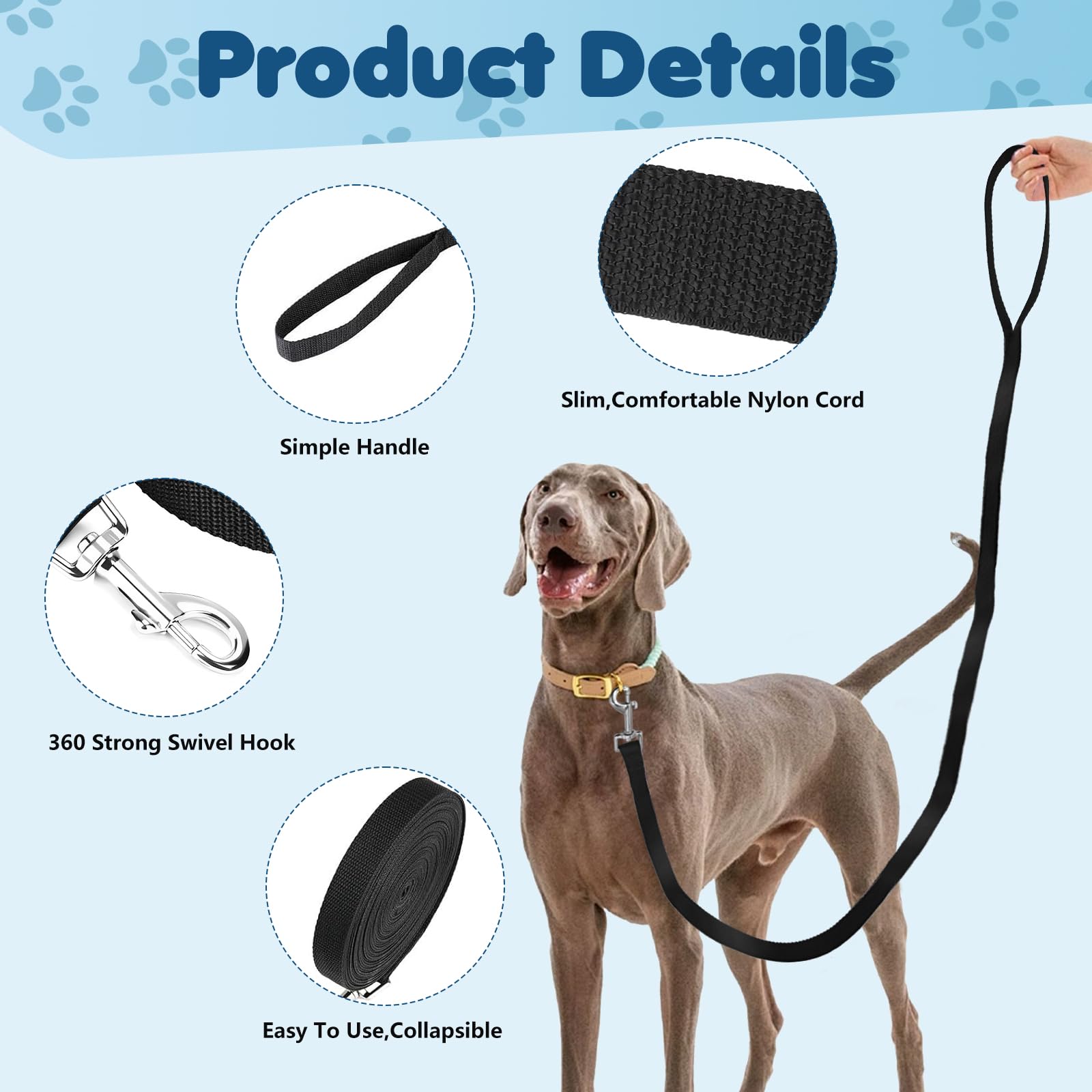 Lunghina Per Cani 10 Metri - Guinzaglio Lungo Addestramento, Nylon Resistente, Moschettone 360°, Manico Imbottito - Foto 2