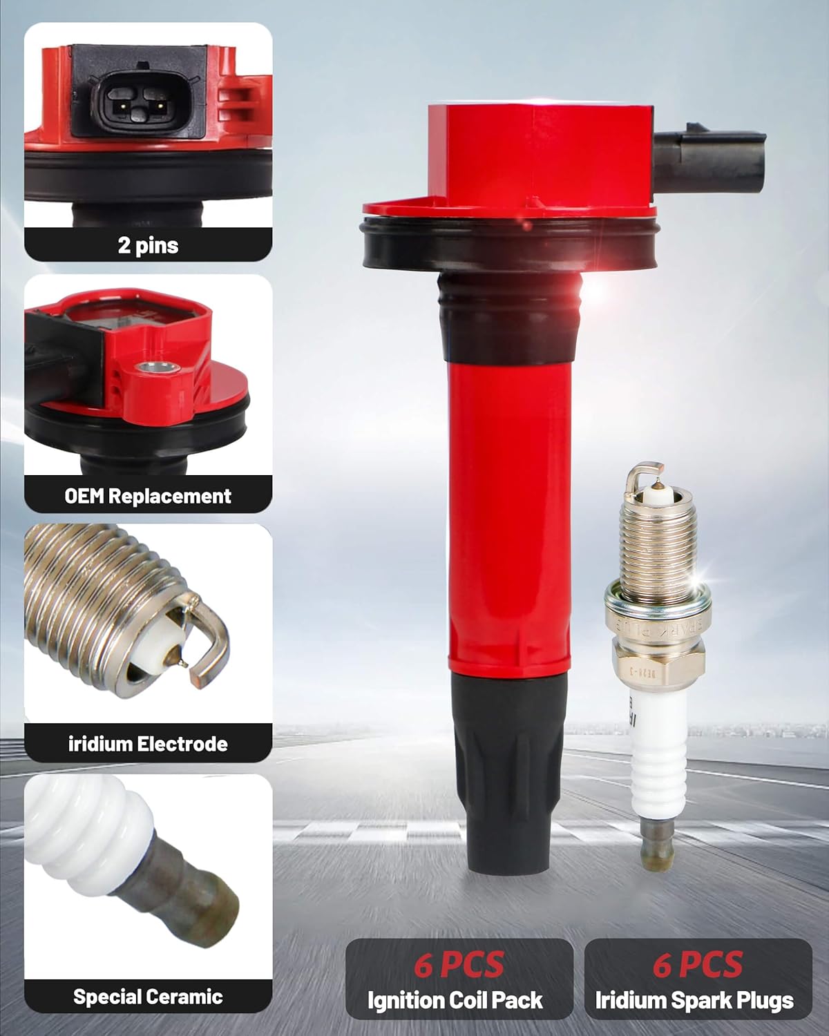 Ignition Coil Packs and Iridium Spark Plugs Fits for Ford Edge Flex Fusion Taurus X Lincoln MKS MKT MKZ MKX Mercury Sable 3.5L 3.7L V6 2007 2008 2009 2010 2011 2012, Set of 6, UF553 DG520,Red