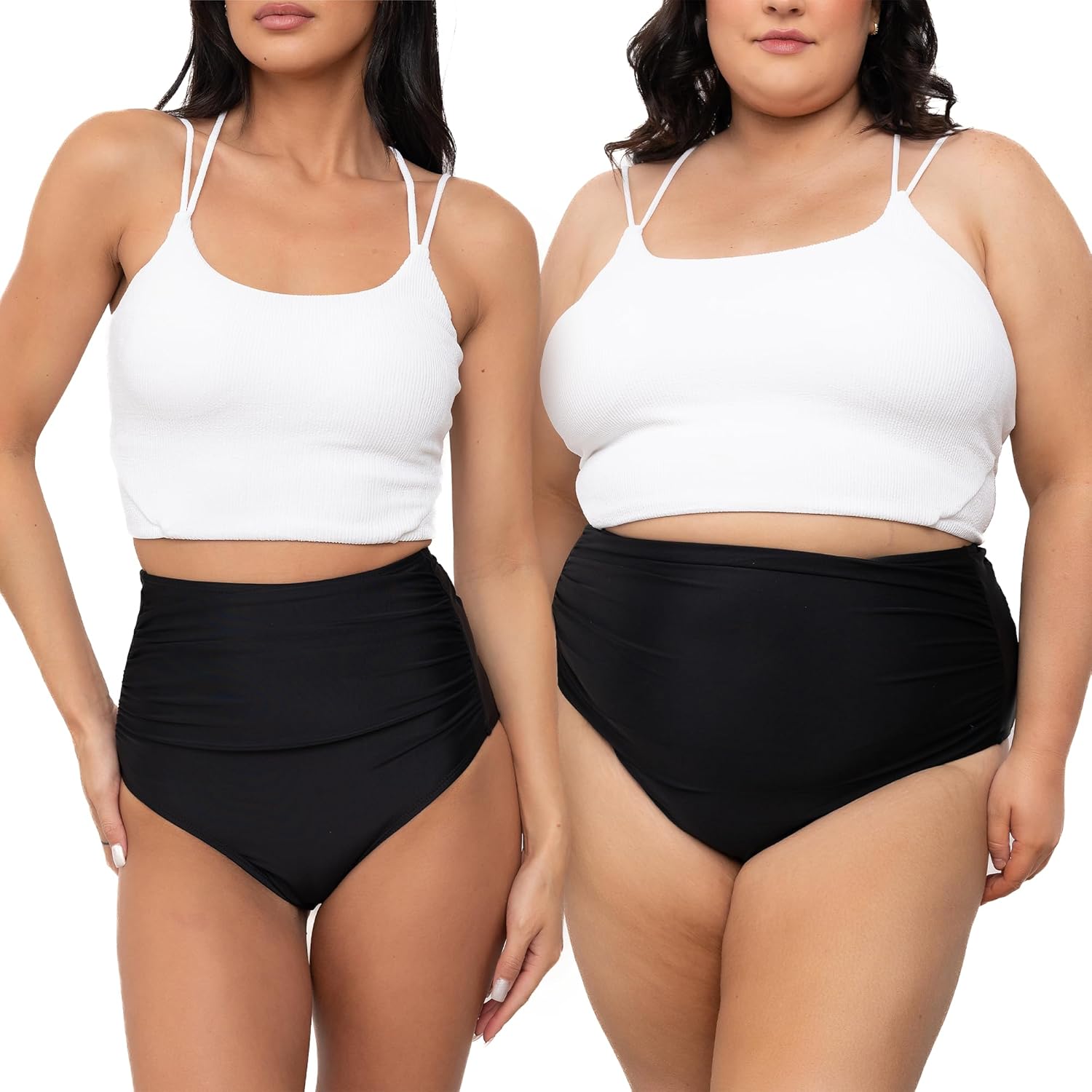 Coral Reef Swim Tankini Swimsuits for Women - White Double Strap Tankini Top & Black High Rise Ruched Swim Bottoms (XXS-3XL) - Image 5