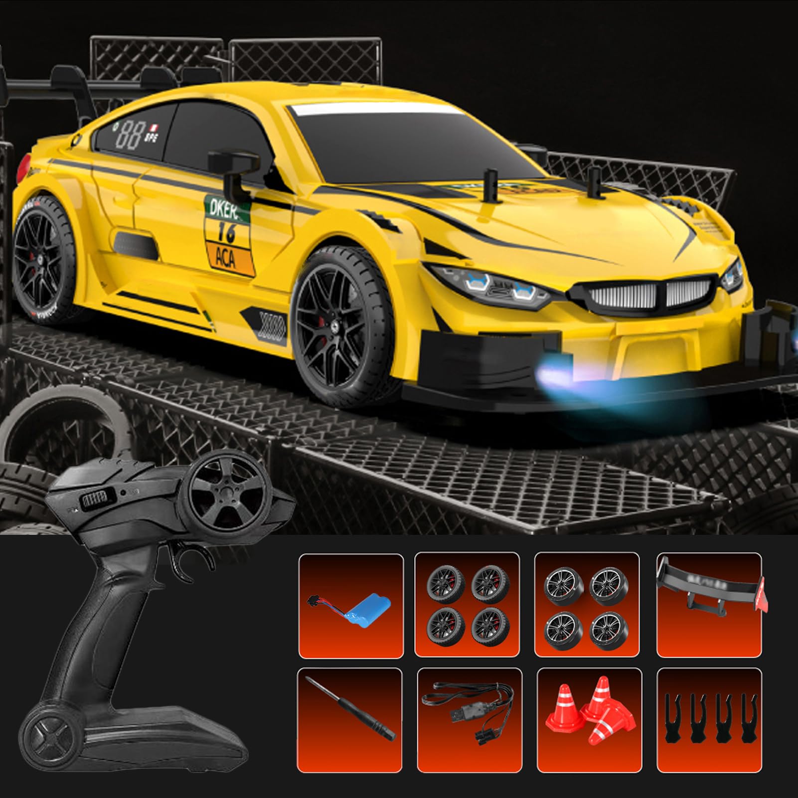 Goolsky zdalnie sterowany samochód, 40KM/H drift 1/16 4WD 2,4GHz RC z bezstopniowo zmienną prędkością, wymienne opony do driftu i wyścigów