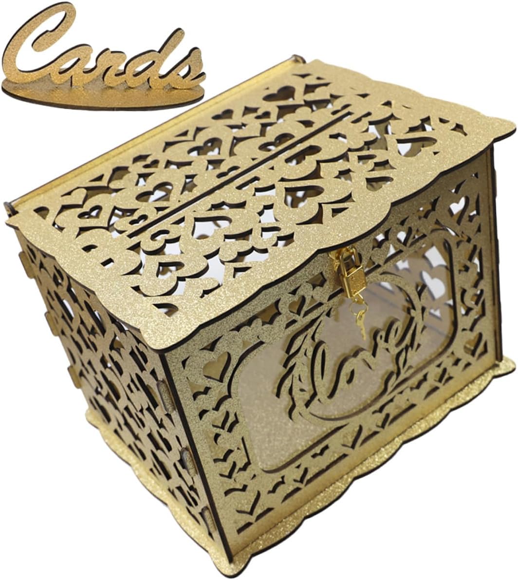 Vaguelly Wooden Hollow Wedding Card Box with Glitter Finish Portable Greeting Card Holder for Birthday Anniversary and Valentine’s Day Decorations Hollow Style Envelope Holder