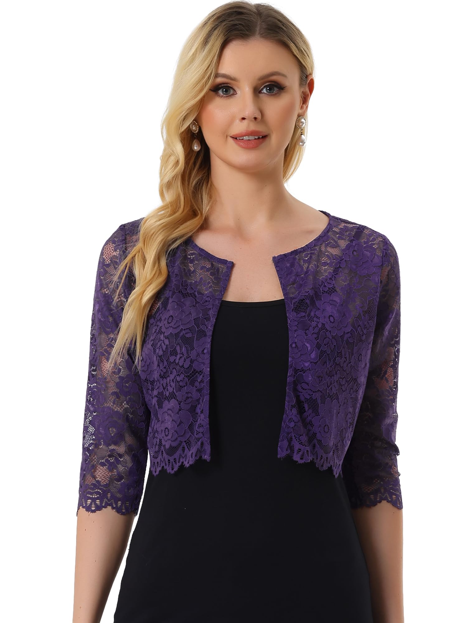 Allegra K Boléro court en dentelle florale transparente pour femme, violet foncé, Taille L