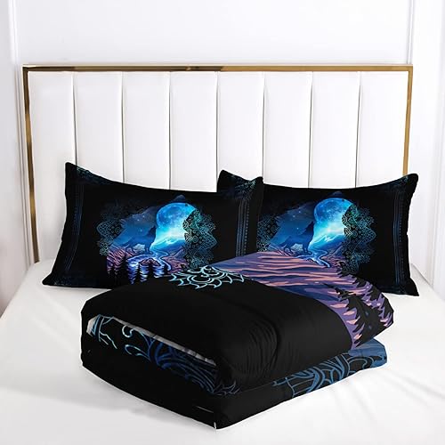 Miniatura 5 de AILONEN Juego de edredón de lobo, tamaño Queen, juego de edredón bohemio de lobo aullando de lobo, juego de ropa de cama para niños y niñas de 3