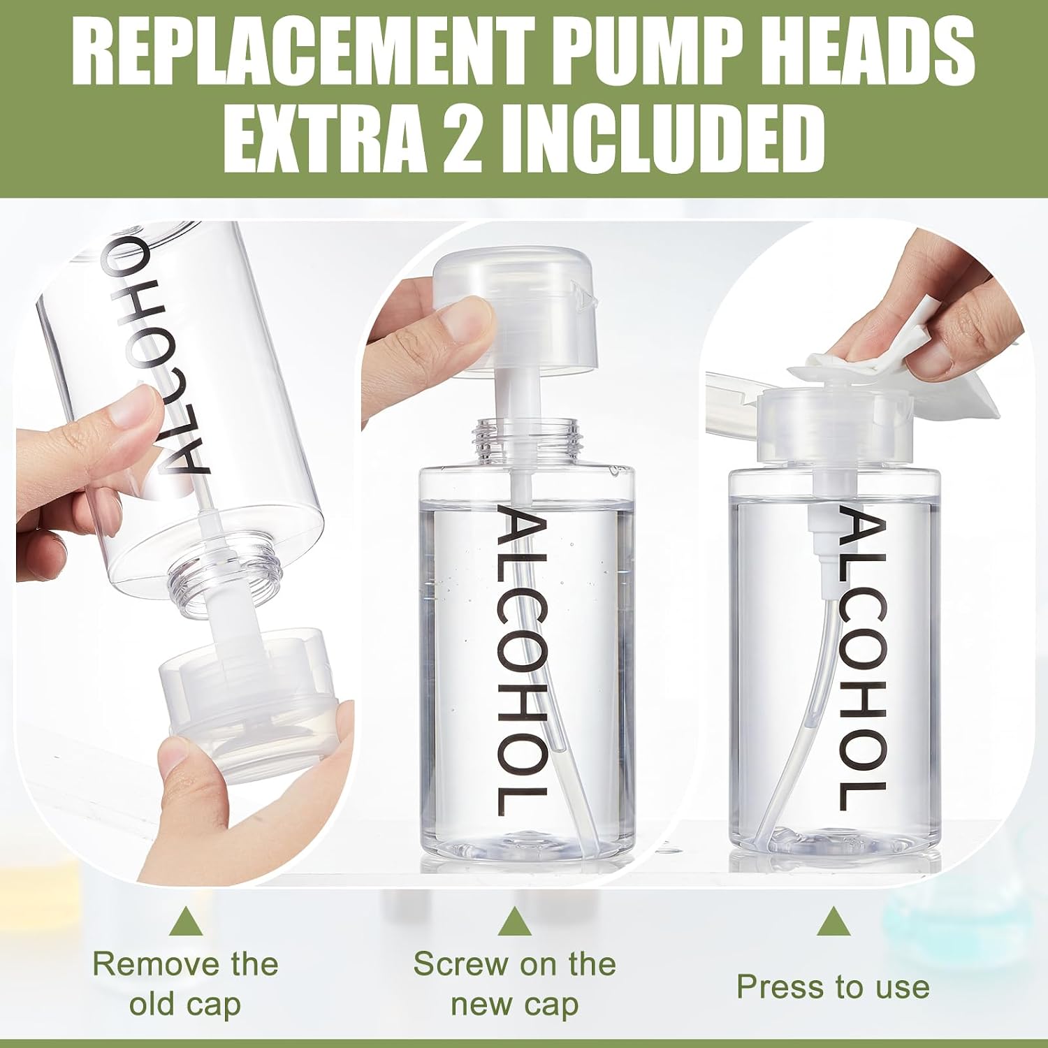 Layhit 2 Pcs 10 oz / 300 ml Alcohol Pump Dispenser Bottle with Extra 4 Pump Heads, Refillable Push Down Liquid Container for Salon, Nail Care, Hospital and Personal Use