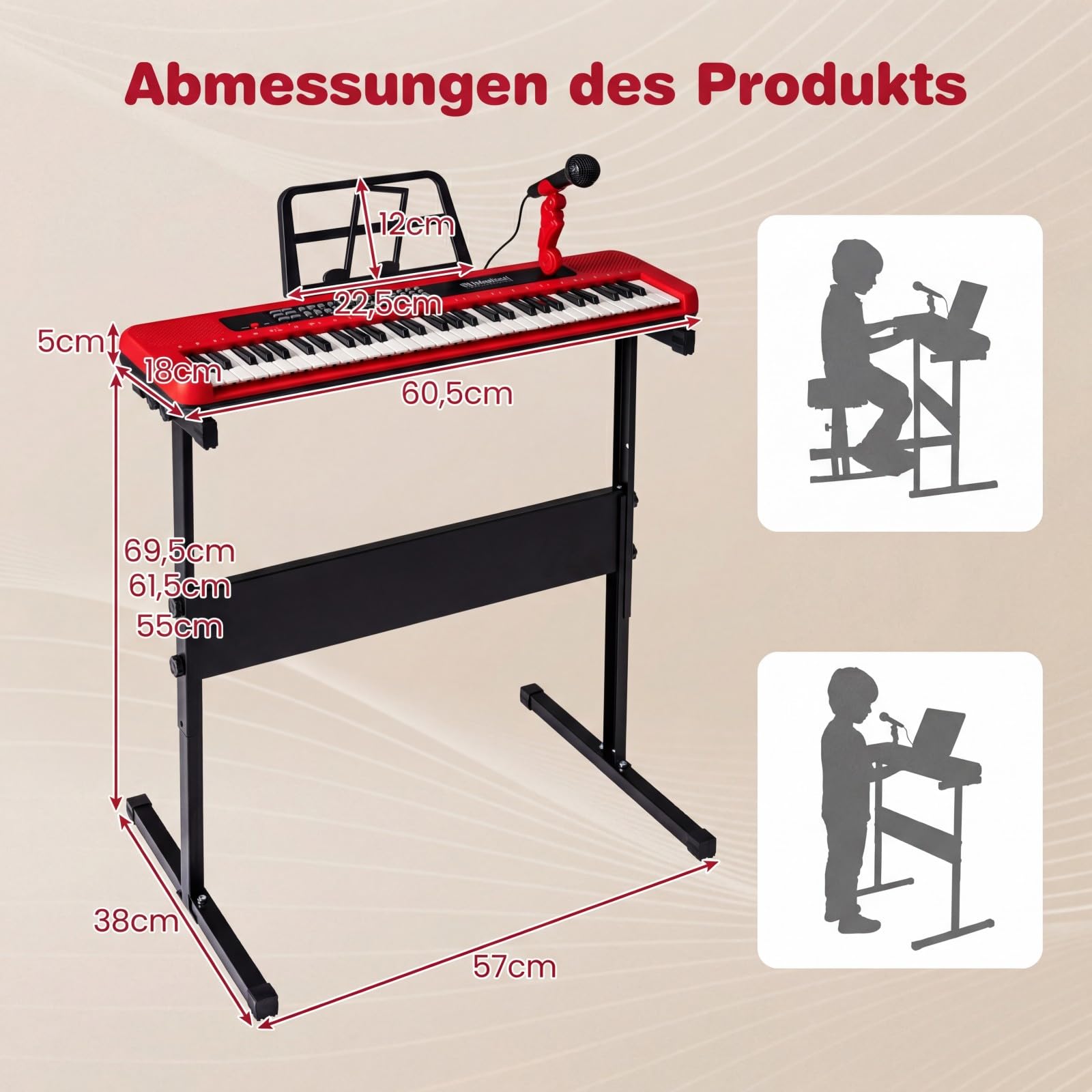 COSTWAY 61 Tasten Kinder Keyboard, Elektronisches Kinderklavier mit verstellbarem Ständer, Mikrofon & Notenständer, Kinderpiano mit Sounds, Demos & Rhythmen, für Kinder ab 3 Jahren (Rot)