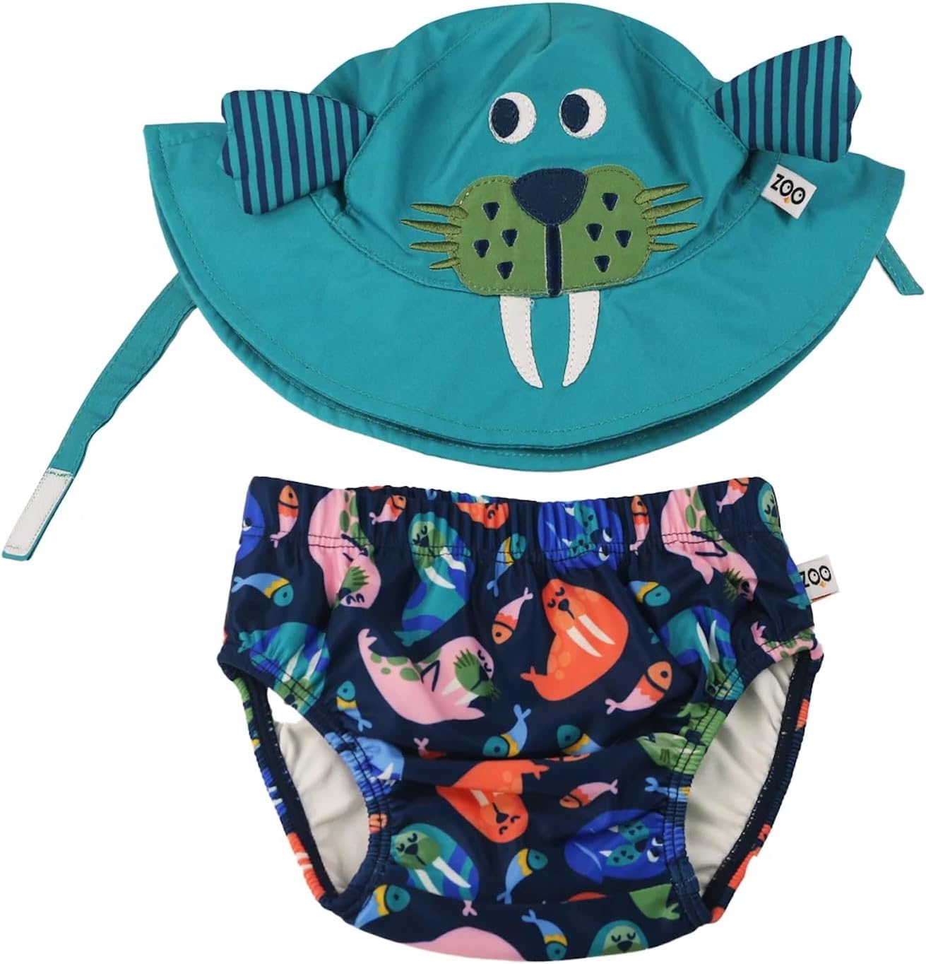 ZOOCCHINI Baby & Toddler Sun Hat & Reusable Swim Diaper – UPF 50+ Protection – Chlorine & Salt Water Resistant, Small (3-6 Months), Wally The Walrus