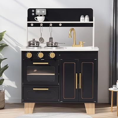 ROBOTIME Kids Wooden Play Kitchen – Realistic Pretend Play Toys with Coffee Machine, Marble Decorated Board, and Golden Tap – Perfect for Imaginative Role Play, Gift for Toddlers, Obsidian Black