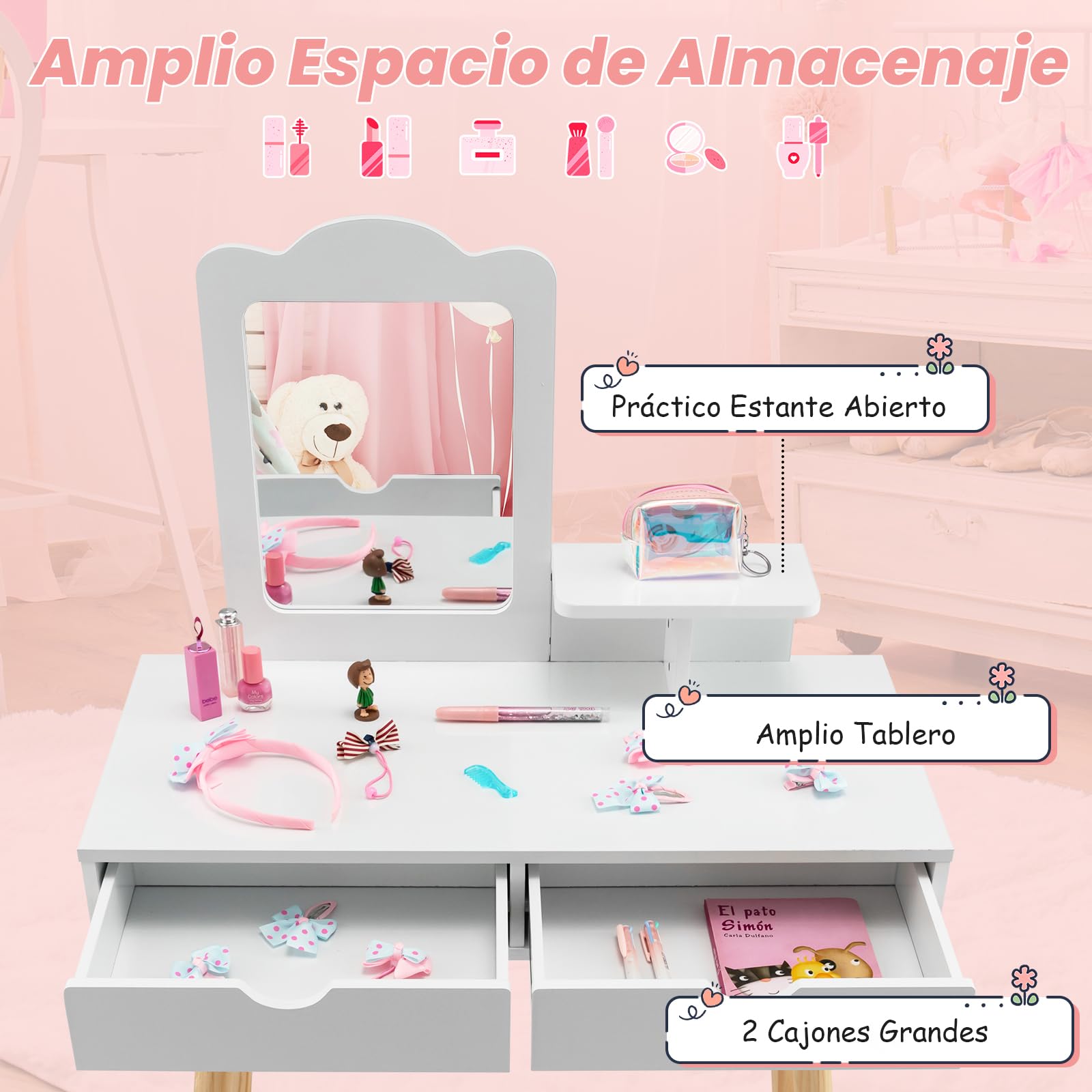 COSTWAY Juego de Tocador Infantil Niña, 2 en 1 Mesa de Tocador y Taburete de Madera para Niños con 1 Espejo Rectangular y 2 Cajones Grandes, Tocador de Maquillaje para Niña de 3 a 7 Años,White
