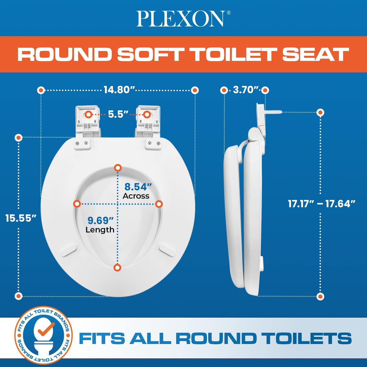 Plexon Soft Cushioned Toilet Seat, Round White, Slow-Close Lid and Seat, Quick-Release Hinges, Easy To Clean and Change, No Tools Required, Stain-Resistant, Durable Vinyl with Wood Core