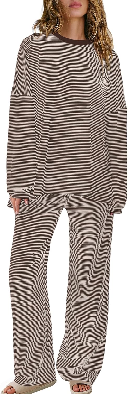SENSERISE Womens Striped Lounge Set 2 Piece Outfits Fall Matching Pajama Sets Long Sleeve Striped Shirt Wide Leg Pants - Image 2