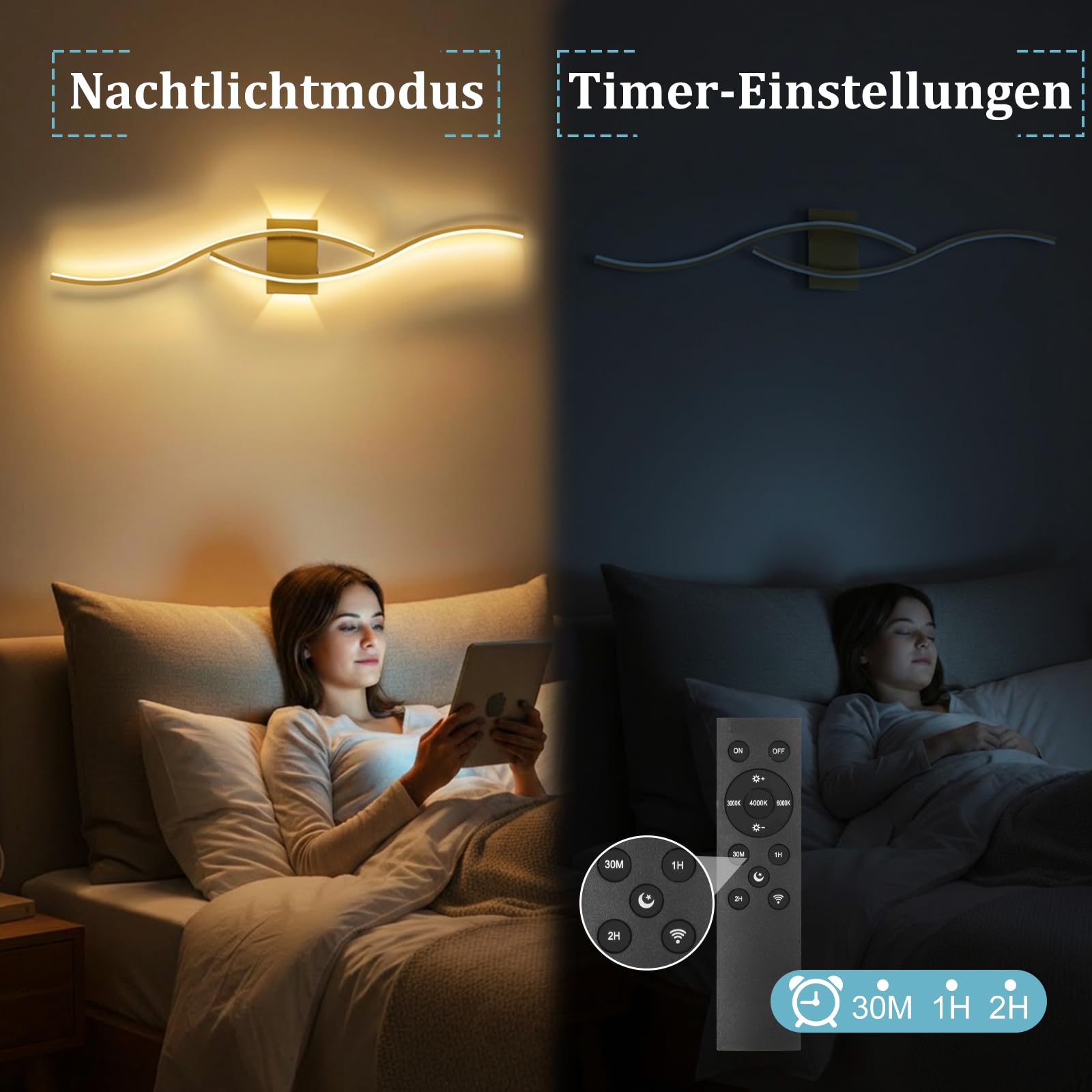 2 Stück LED Wandleuchte Innen mit Akku und Fernbedienung, Modern Wandlampe mit Dimmbar&Timing-Funktionen, Kabellose Wandleuchte für Wohnzimmer Schlafzimmer Flur Treppen
