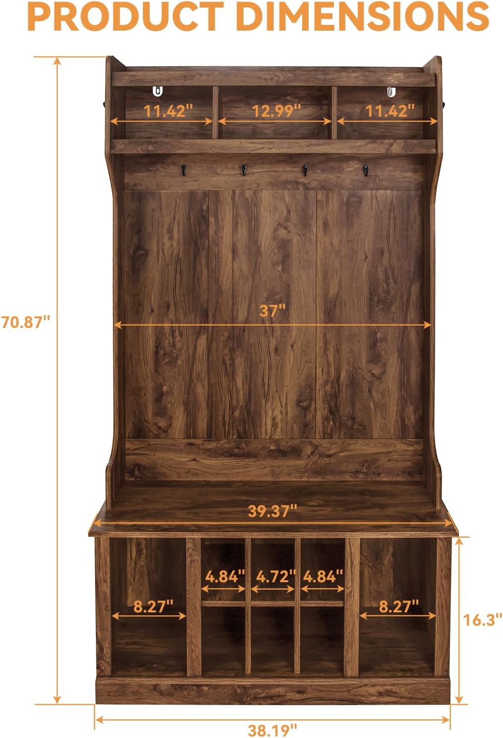 GarveeHome 5 in-1 Entryway Hall Tree With Top Shelf and Storage Cabinet, Entryway Bench With Shoe Bench and Coat Rack With 8 Shoe Storage Cube and 6 Hanging Hooks Coat Rack, Retro Brown