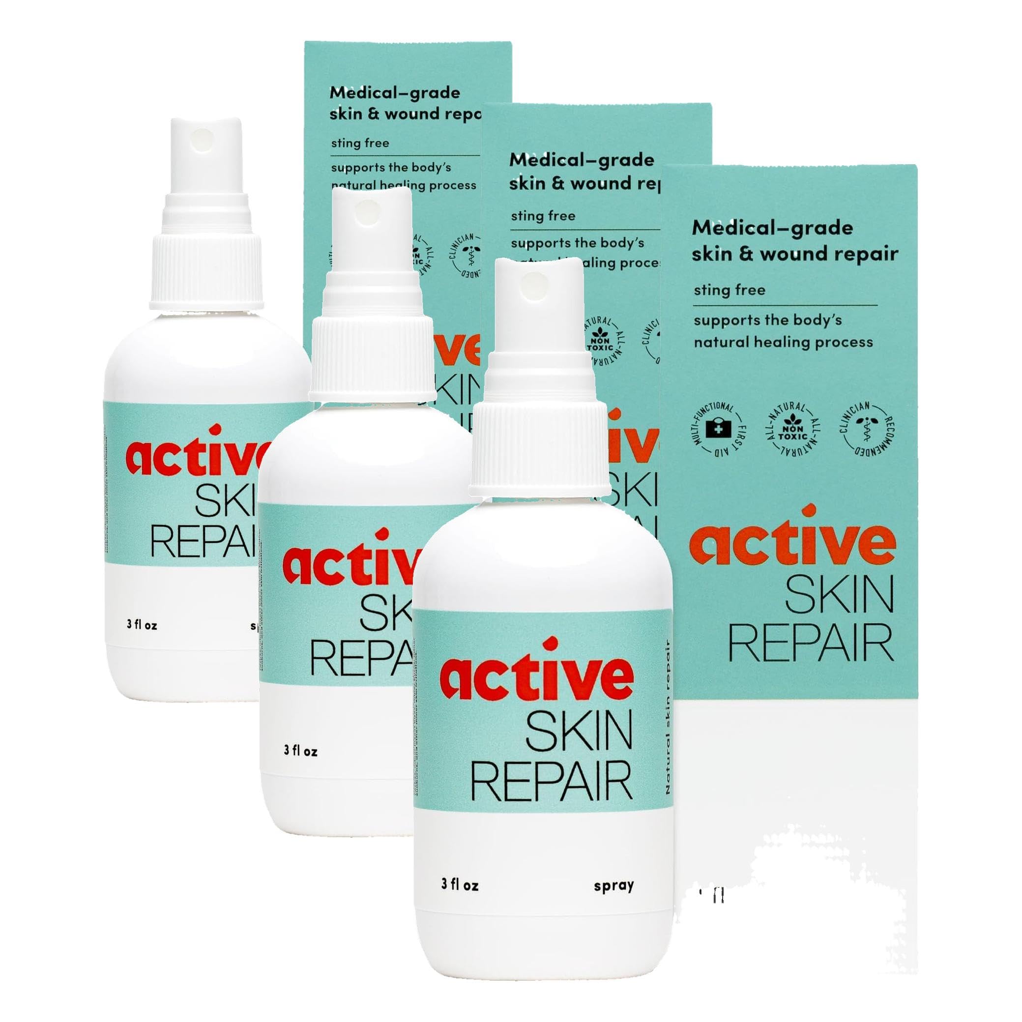 Active Skin Repair First Aid Healing Skin Spray - Natural &amp; Non-Toxic with Hypochlorus Acid for Minor Cuts, Wounds, Scrapes, Rashes, Sunburns, &amp; More, 3 oz (Pack of 3)