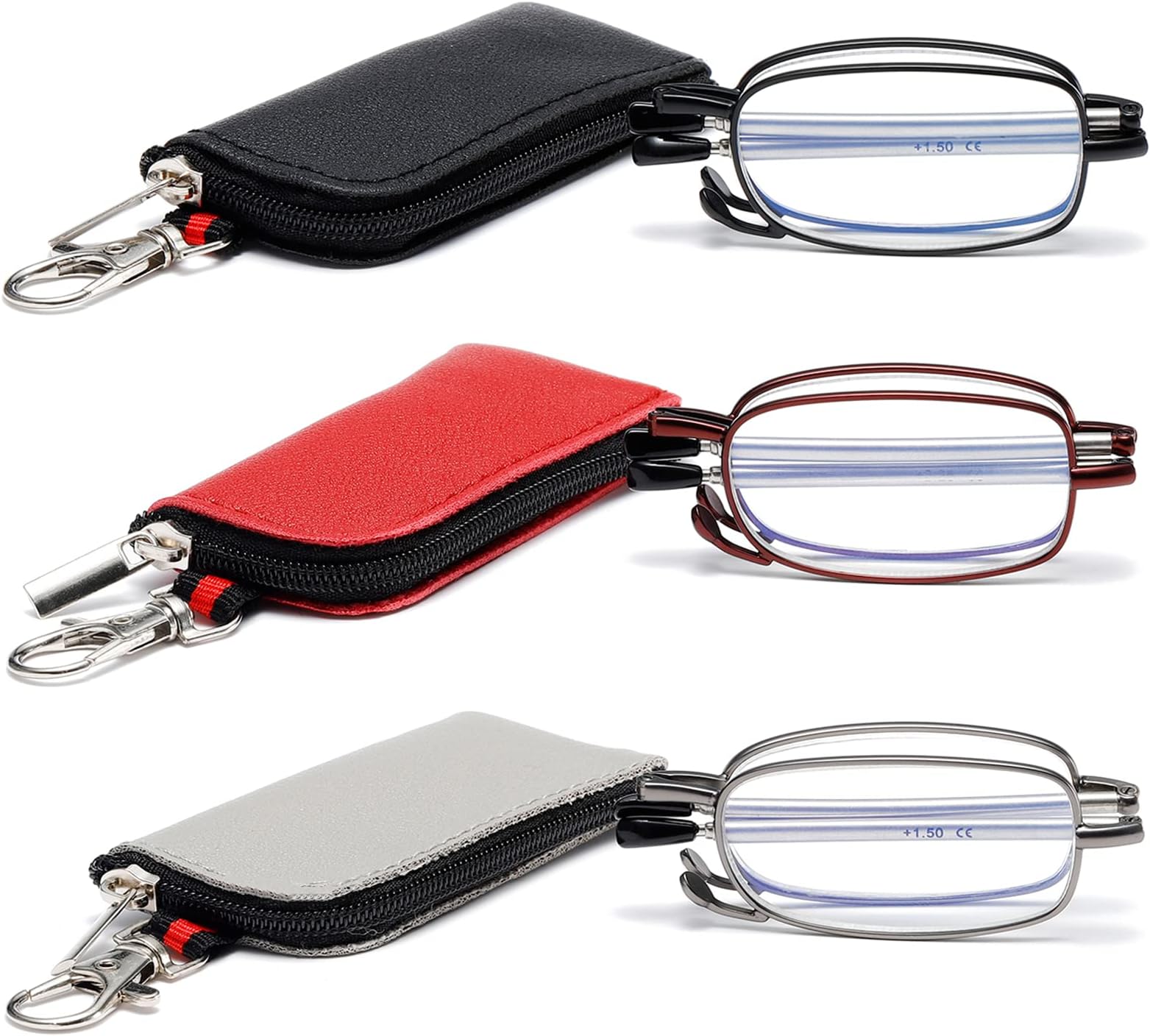 3 Pack Folding Reading Glasses for Men Women, Keychain Compact Readers Blue Light Portable Pocket Eyeglasses