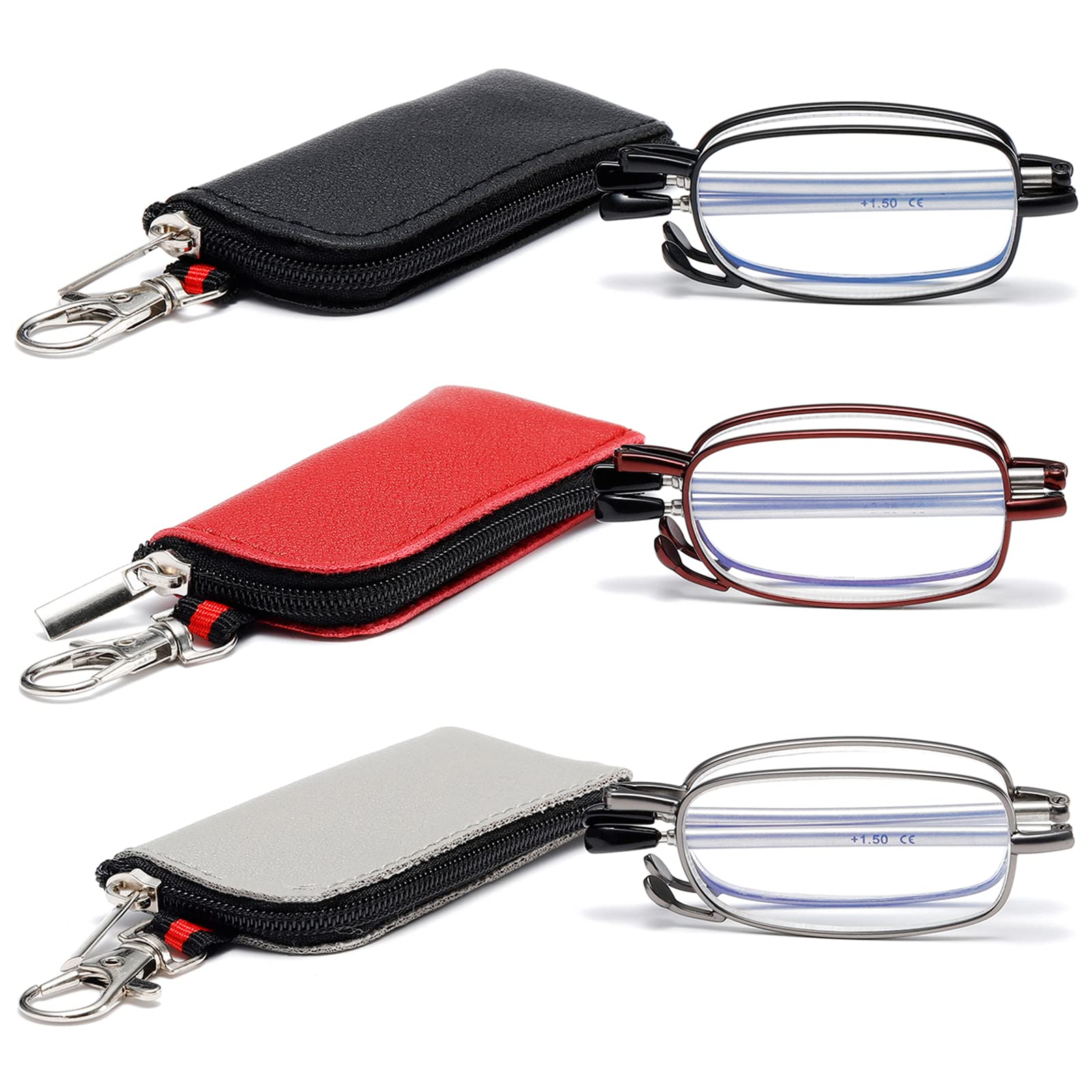 3 Pack Folding Reading Glasses for Men Women, Keychain Compact Readers Blue Light Portable Pocket Eyeglasses