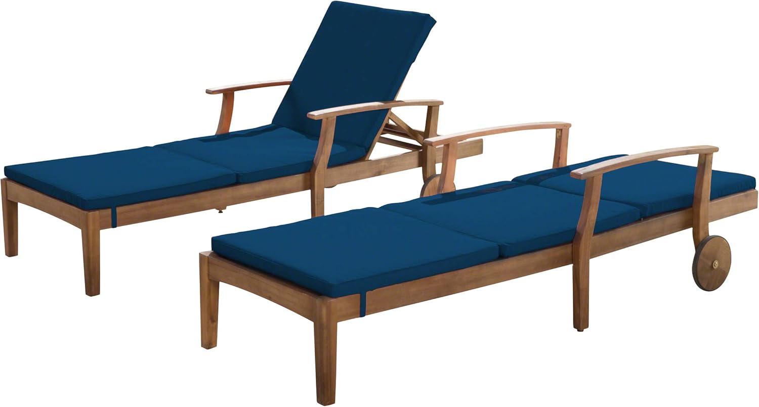 Great Deal Furniture Daisy Outdoor Teak Finish Chaise Lounge with Blue Water Resistant Cushion (Set of 2)