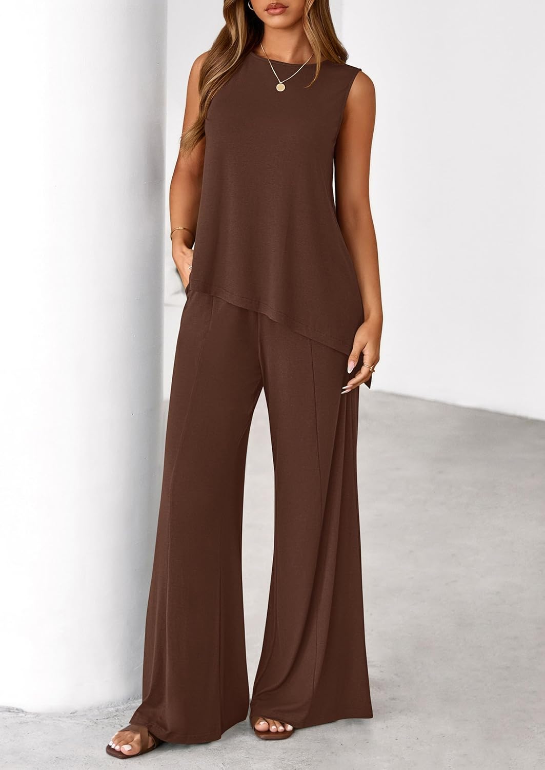 PRETTYGARDEN Women's 2026 Two Piece Matching Lounge Sets Asymmetrical Split Tank Tops Wide Leg Pants Summer Outfits Tracksuit - Image 4