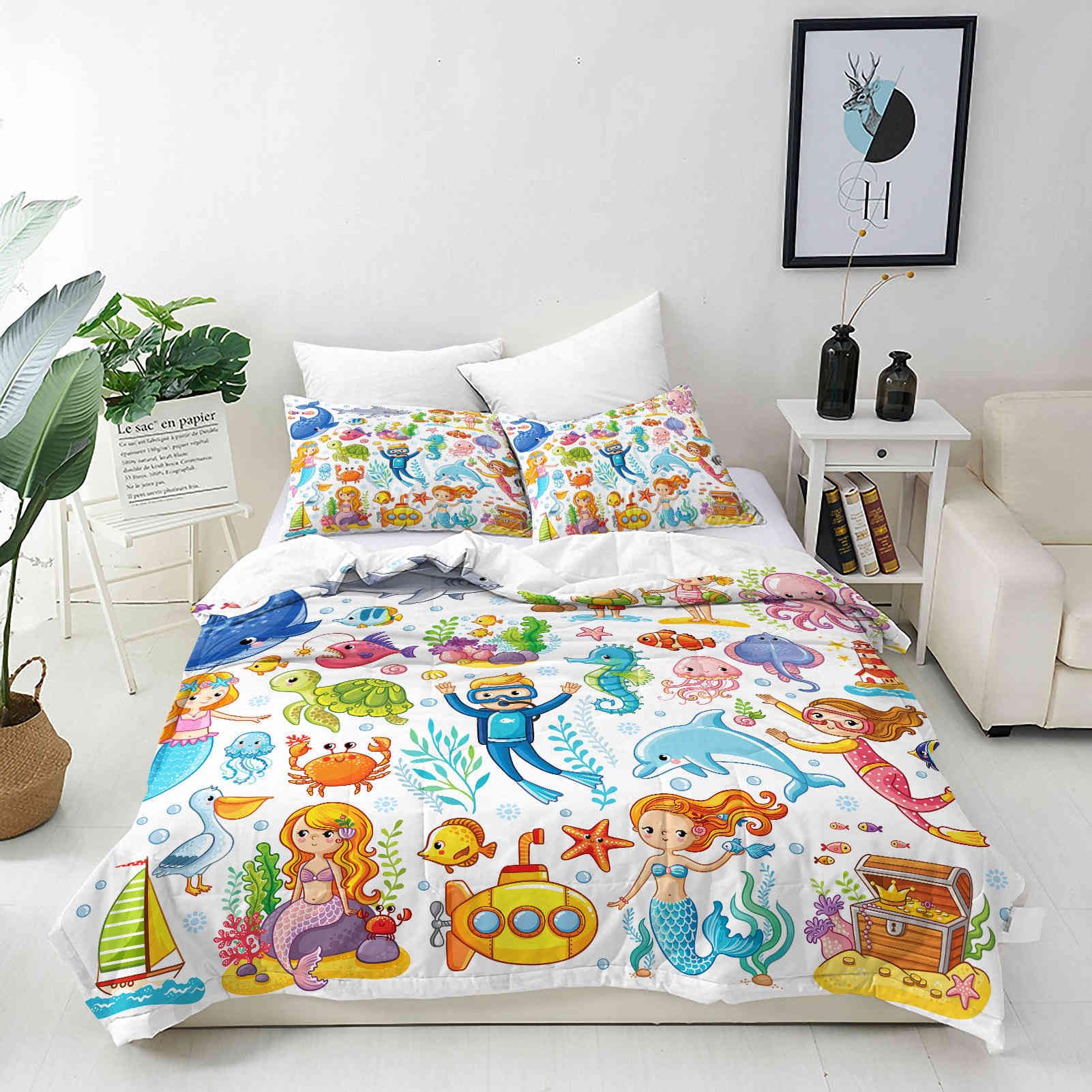 ANHOPE Custom Bedding Set Personalised Size Duvet Cover & Pillowcase Ocean Dolphin Octopus Shark Seahorse Printed Pattern Customized Quilt Cover for Kids Couple Family Birthday Wedding