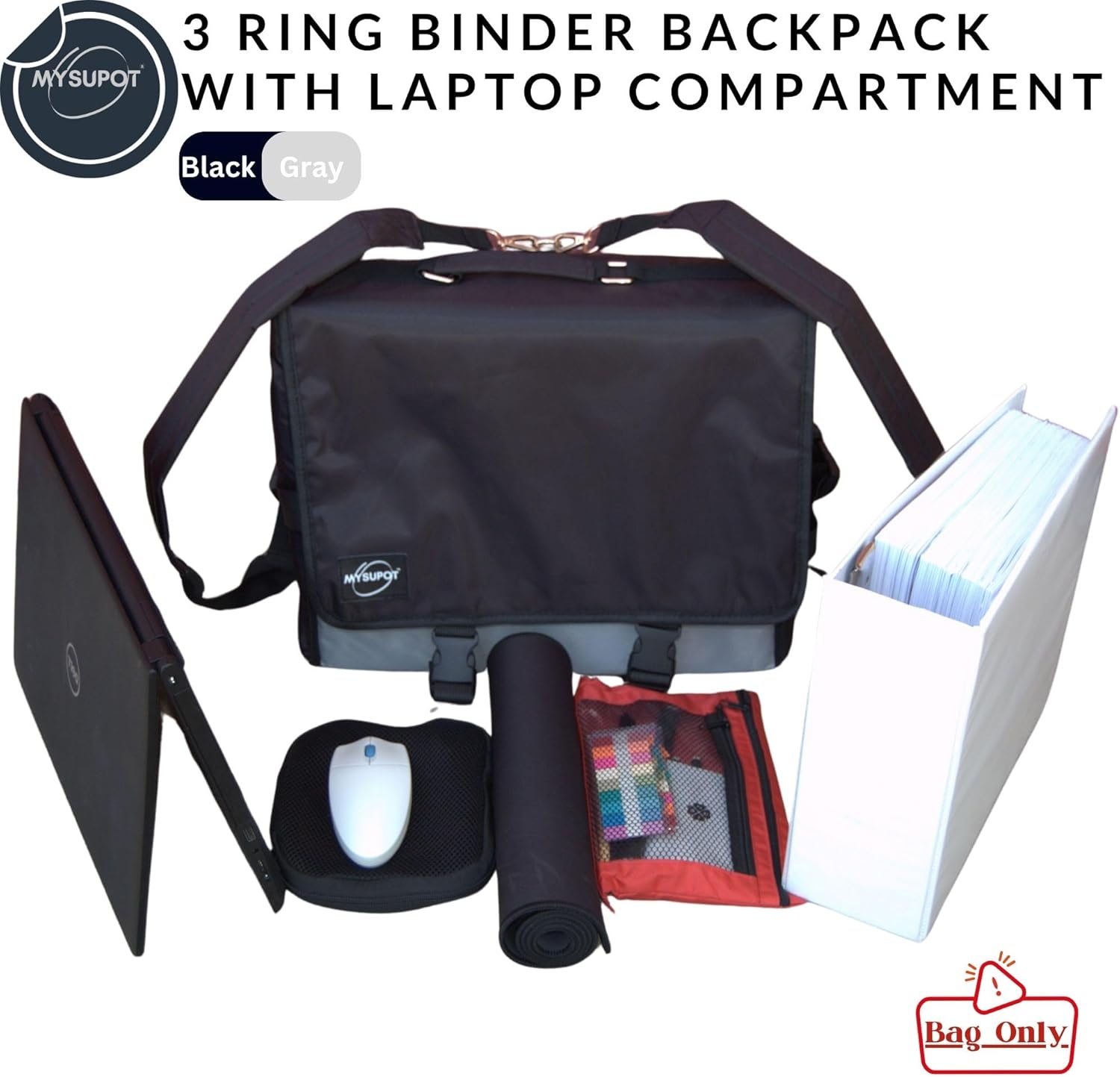 3 Ring Binder Bag for School, Work, or Training. Can fit 4” Binder & a laptop. Made of 600D Polyester w/ 2 Compartments, 3 Internal Pockets, & Adjustable Straps - BLACK & GRAY 15"x14"x6".