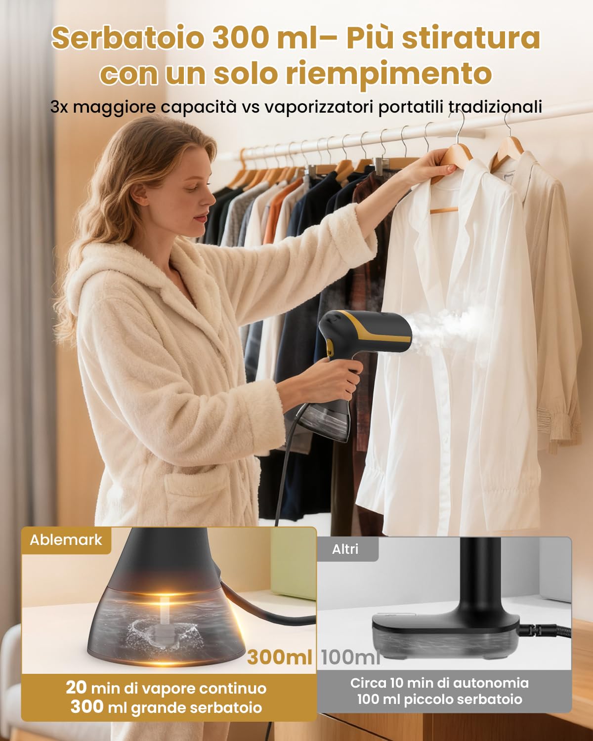 Stiriamo Vapore Viaggio, Serbatoio da 300 ml, 15 s Riscaldamento | 25 g/min, 1500 W, Ferro da Stiro a Vapore Portatile & Compatto – Leggero, per Casa & Ufficio, Spegnimento Automatico