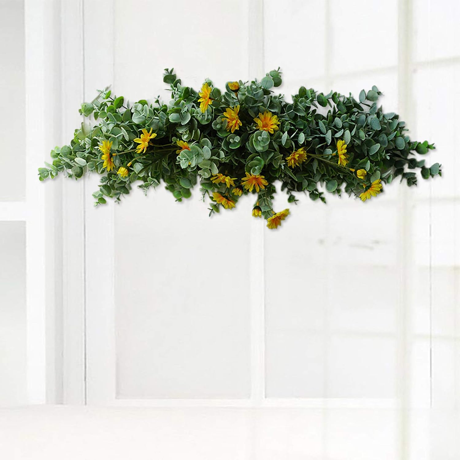 Floral Swag,26h Yellow Daisy and Forsythia Swag Small Wreath Spring Summer Floral Swag for Home Mirror Lintel Party Decor, Green (210311QY01-572-1858148591)