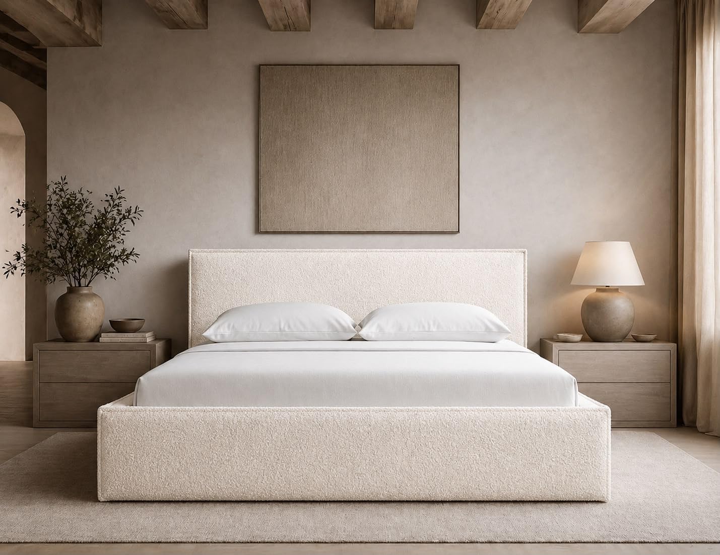Bed - Premium Linen - Removable & Washable Cover - Soft Upholstered Minimalist Modern - Box Spring NOT Included (Cream Boucle, King)