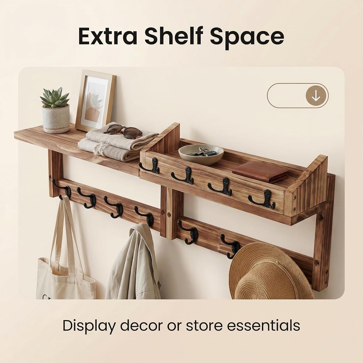 29" Coat Rack Wall Mount with Shelf, 4 in 1 Wall Mounted Coat and Key Hanger with 11 Hooks, Entryway Key Holder with Mail Holder for Living Room, Bedroom