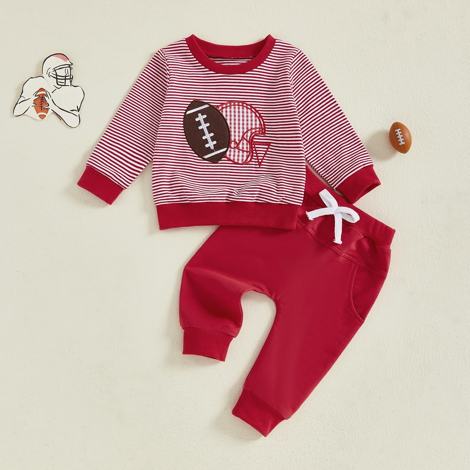 Toddler Baby Boy Football Outfits Football Long Sleeve Sweatshirt Jogger Pants Set 2Pcs Boys Fall Winter Clothes (Red, 18-24 Months) - Image 2