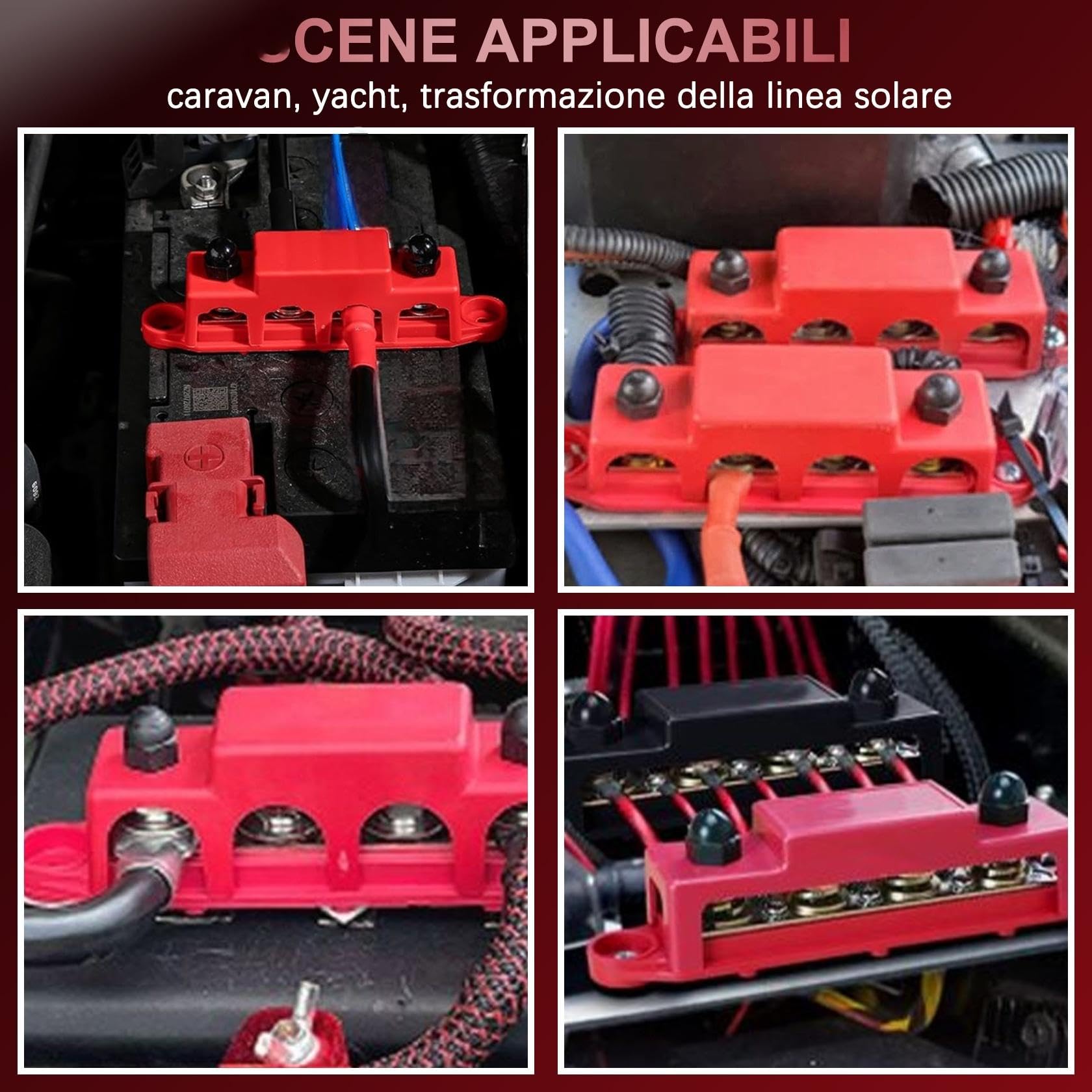 Pindex Blocco di Distribuzione M8, 250 AMP DC 12-48 V, 4 Bulloni M8, Barra di Raccolta 12 V, Rosso e Nero, Per Camper, Navi, Yacht, Auto, Camion