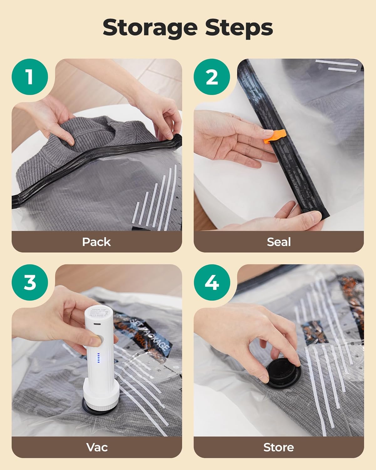 BAGSMART Rechargeable Wireless Pump Travel Storage Bags Set, Portable Space Saver Bags for Travel & Home, Vacuum Compression Seal Bag for Clothing- 15 combo bags - Image 6