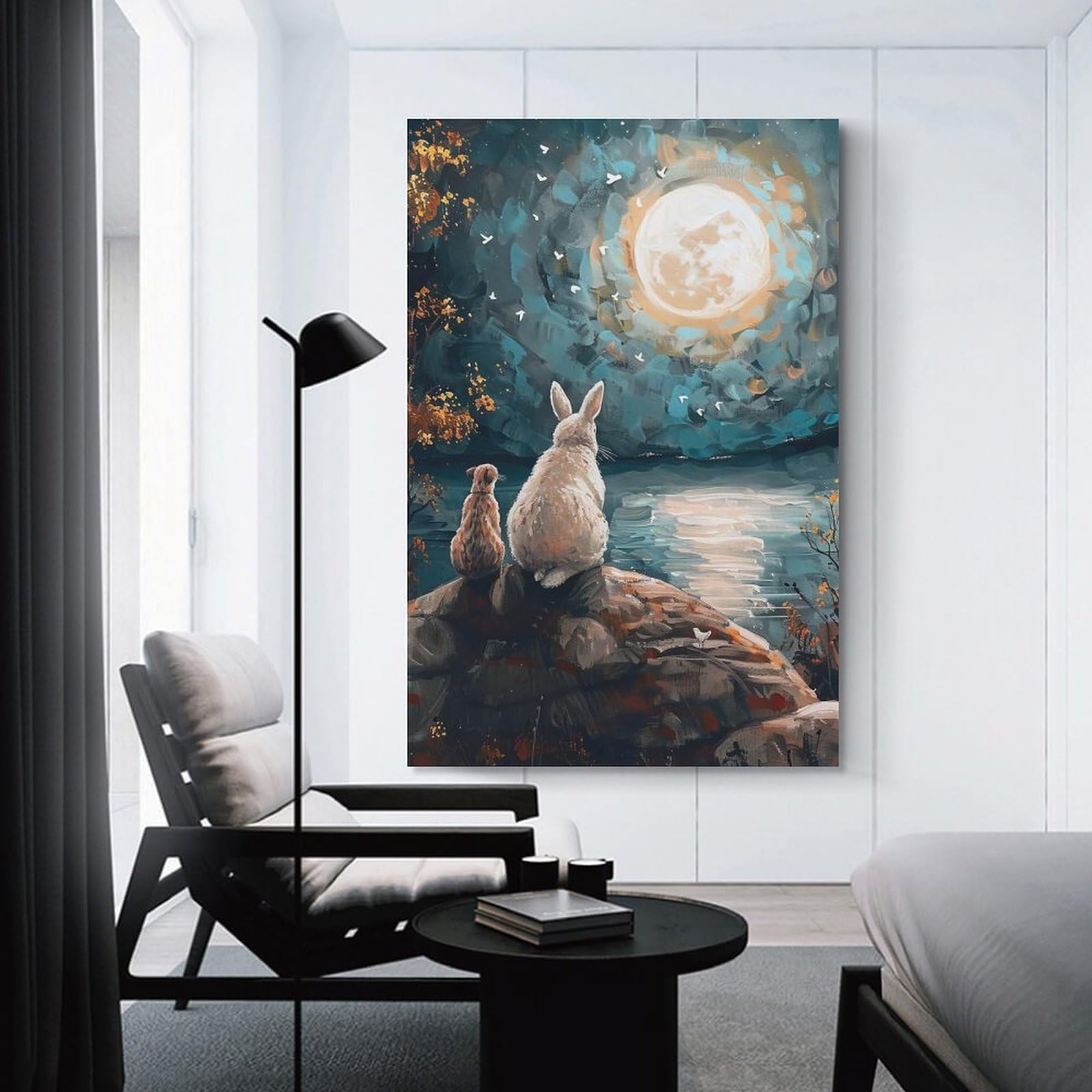 Junmoney Unframe-Style-24 Rabbit And Cat Under Full Moon Home Decor Wall Art 12X18inch(30X45cm), For Gallery Wall Layouts In Home Or Office, A Versatile Canvas Print For Layering