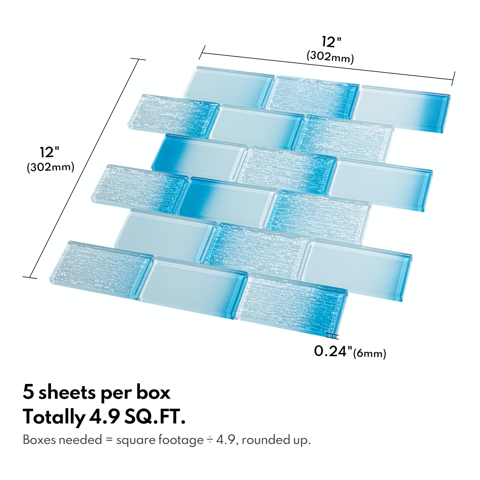 Lovdeco Lot de 5 feuilles de mosaïque de métro en verre, dosseret bleu