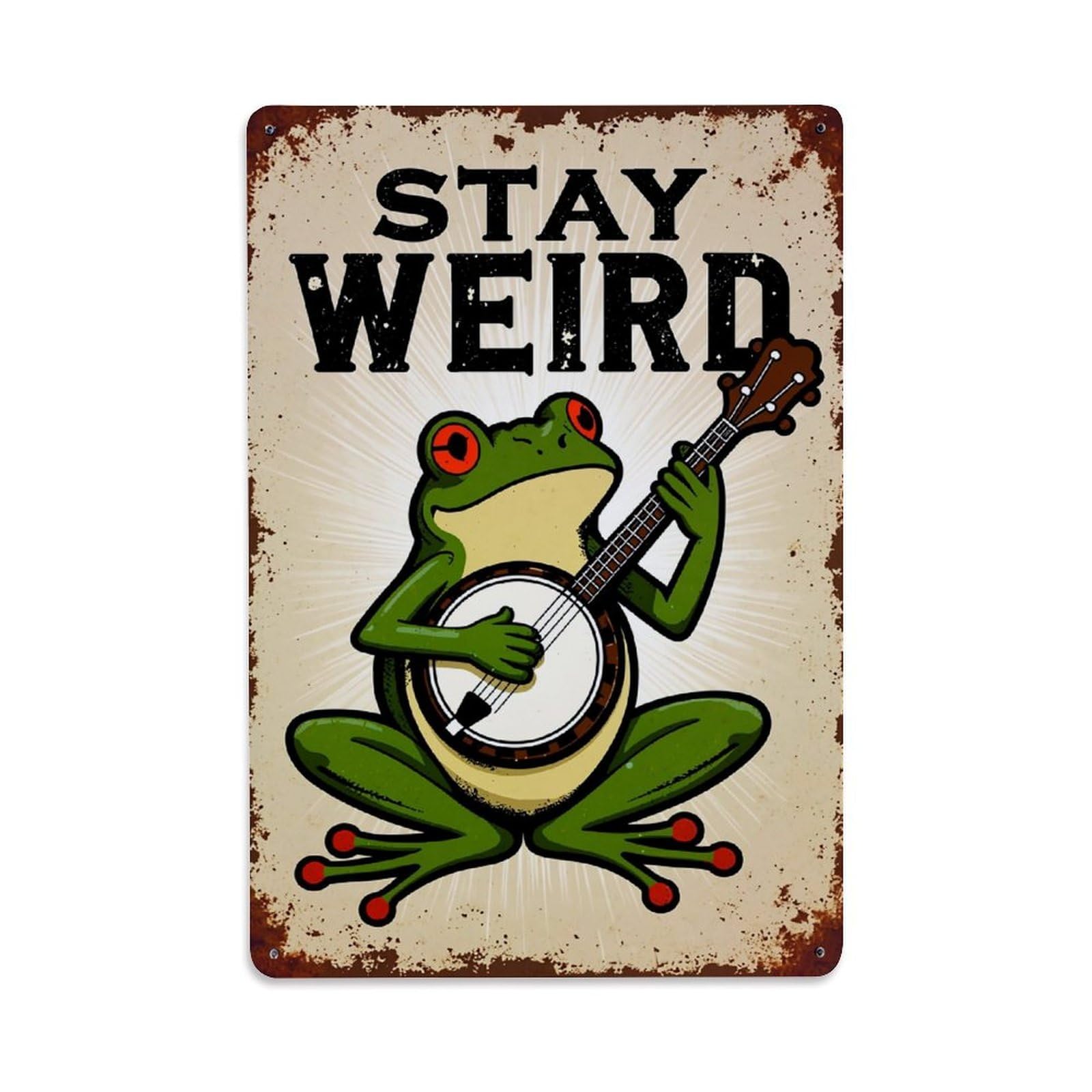Jdfenggu Vintage Frog Playing Banjo Stay Weird Retro Metal Tin Sign, Decor Art Poster For Bar, Home, Man Cave, Kitchen, Laundry Room Gift 8X12inch