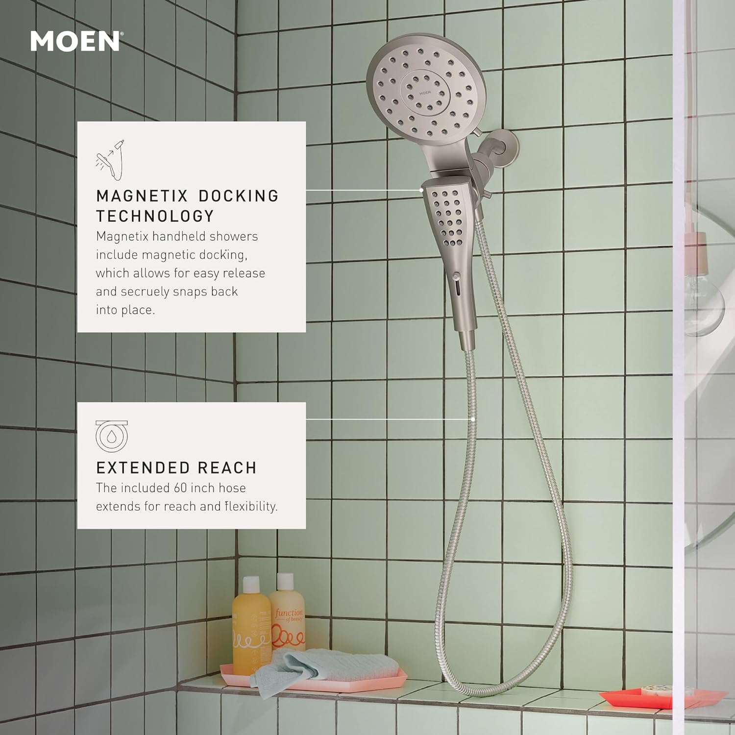 Moen Verso Spot Resist Brushed Nickel Rain Showerhead and Handshower Combination with Infiniti Dial and Magnetix Docking, 60" Hose, 220C2EPSRN