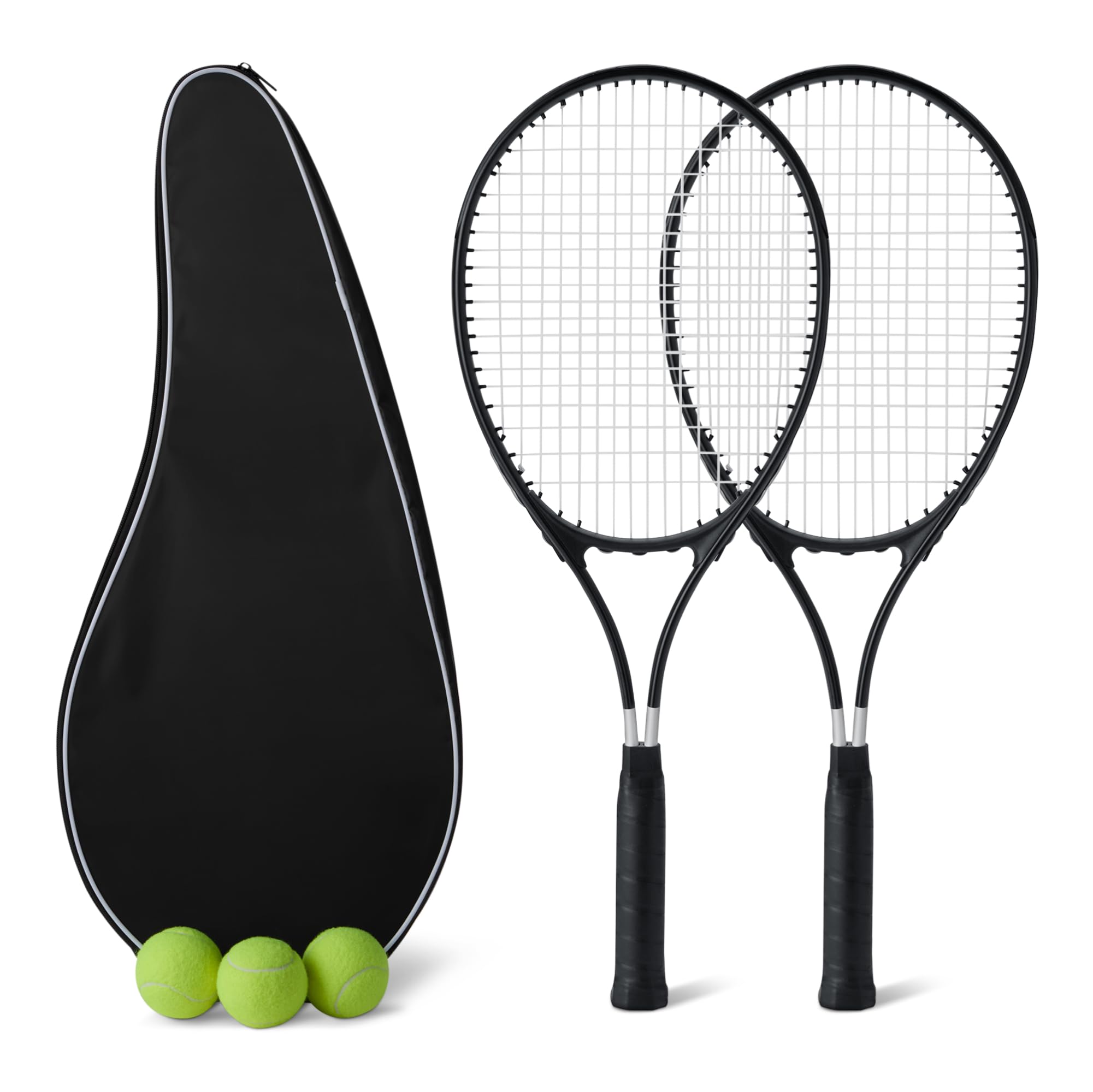Amazon Basics Lot de 2 raquettes de tennis pour adulte 68.5 cm, 3 Balles et 2 Surgrips, Noir