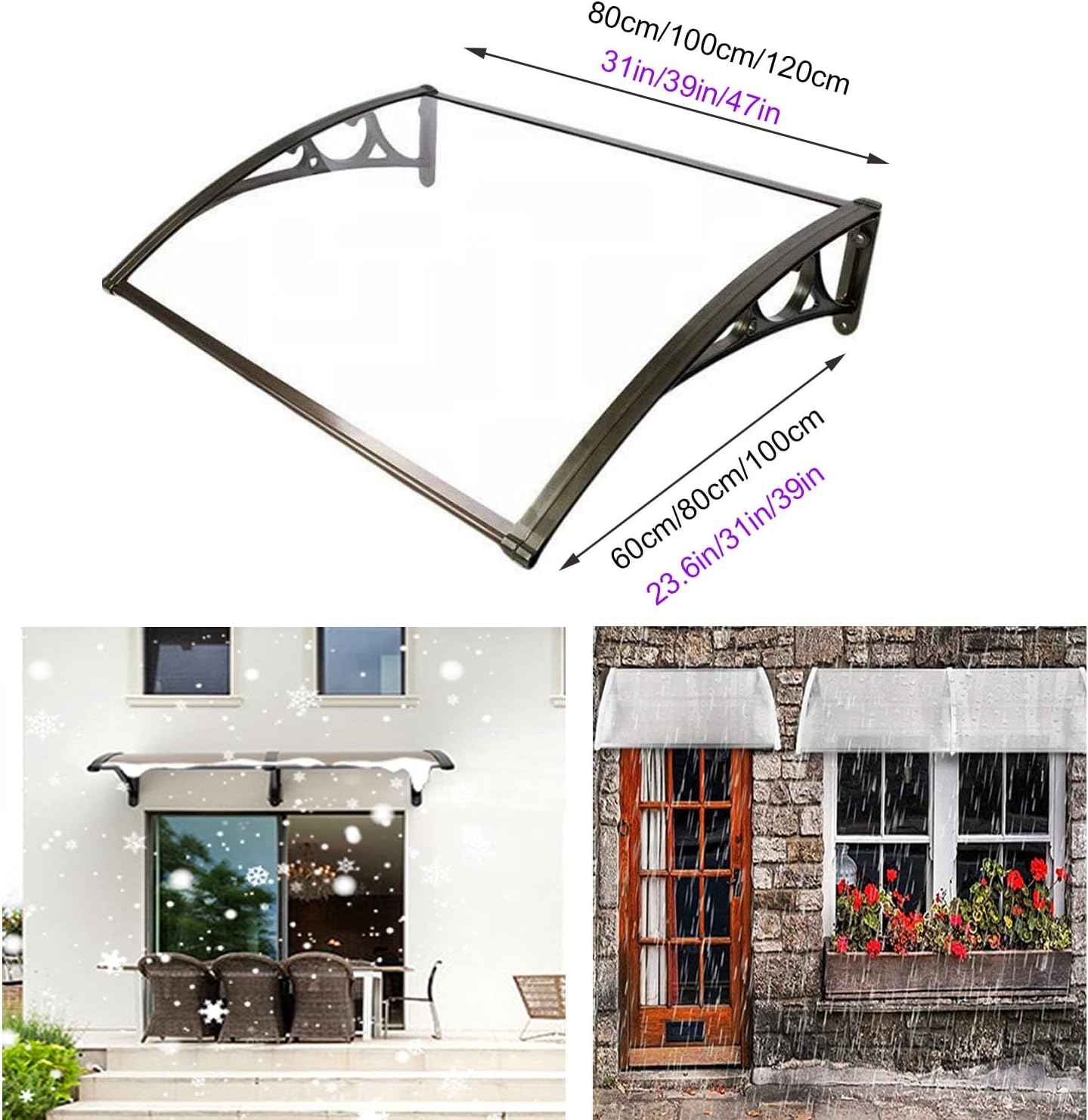 Outdoor Front Door Canopy Awning Rain Shelter Patio Porch PC Polycarbonate Cover Clear 100x100cm