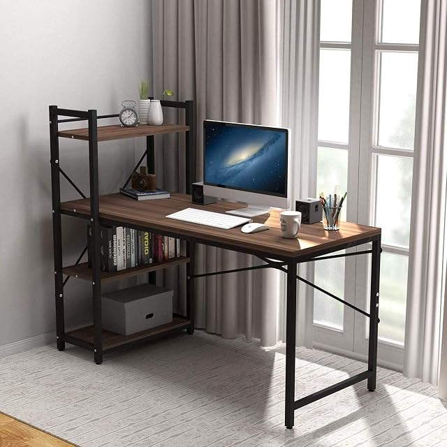 Dprodo Tower Computer Desk with 4 Tier Storage Shelves - 47.6'' Multi Level Writing Study Table with Bookshelves Modern Steel Frame Wood Desk Compact for Small Spaces Home Office Workstation (Walnut)