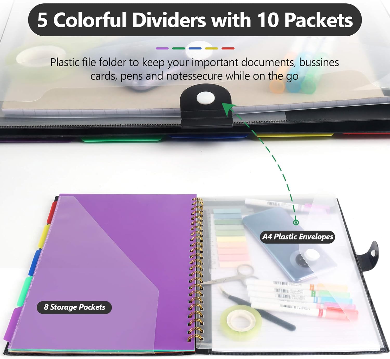 Clipboard Folio with Notepad, Multifunctional Clipboard Folder with Storage, 5 Folders with 11 Pockets, Waterproof Organizer with Refillable Notepad 40 Page A4, Lightweight, Button Closure (Black)