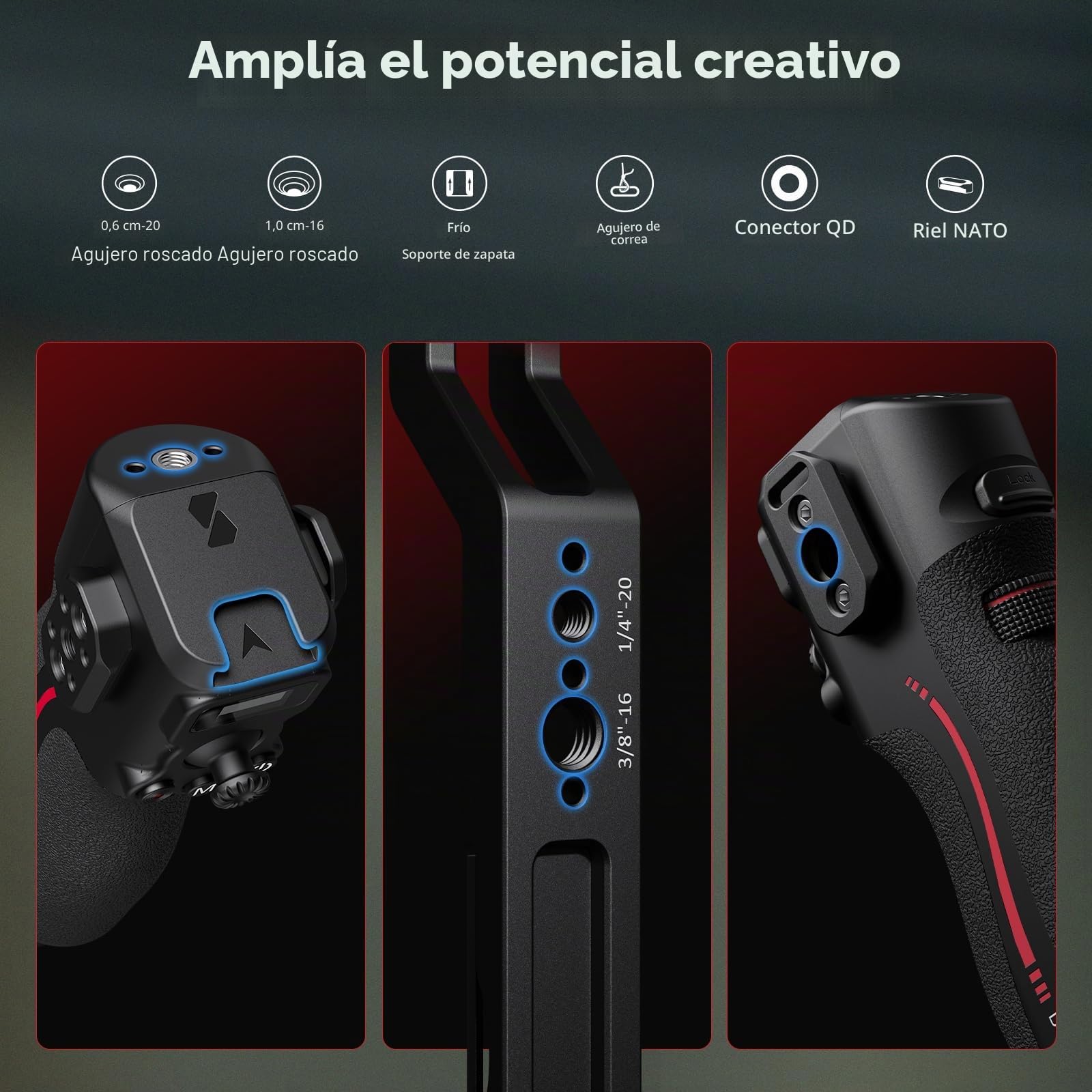 SMALLRIG Mango con Follow Focus Estabilizador de Cardán para dji RS 2 / RS 3 Pro/RS 4 / RS 4 Pro, Mango con Orificios de Ubicación de 1/4"-20 y Soporte de Zapata Fría, Carga Máxima 4.4 LB - 4329