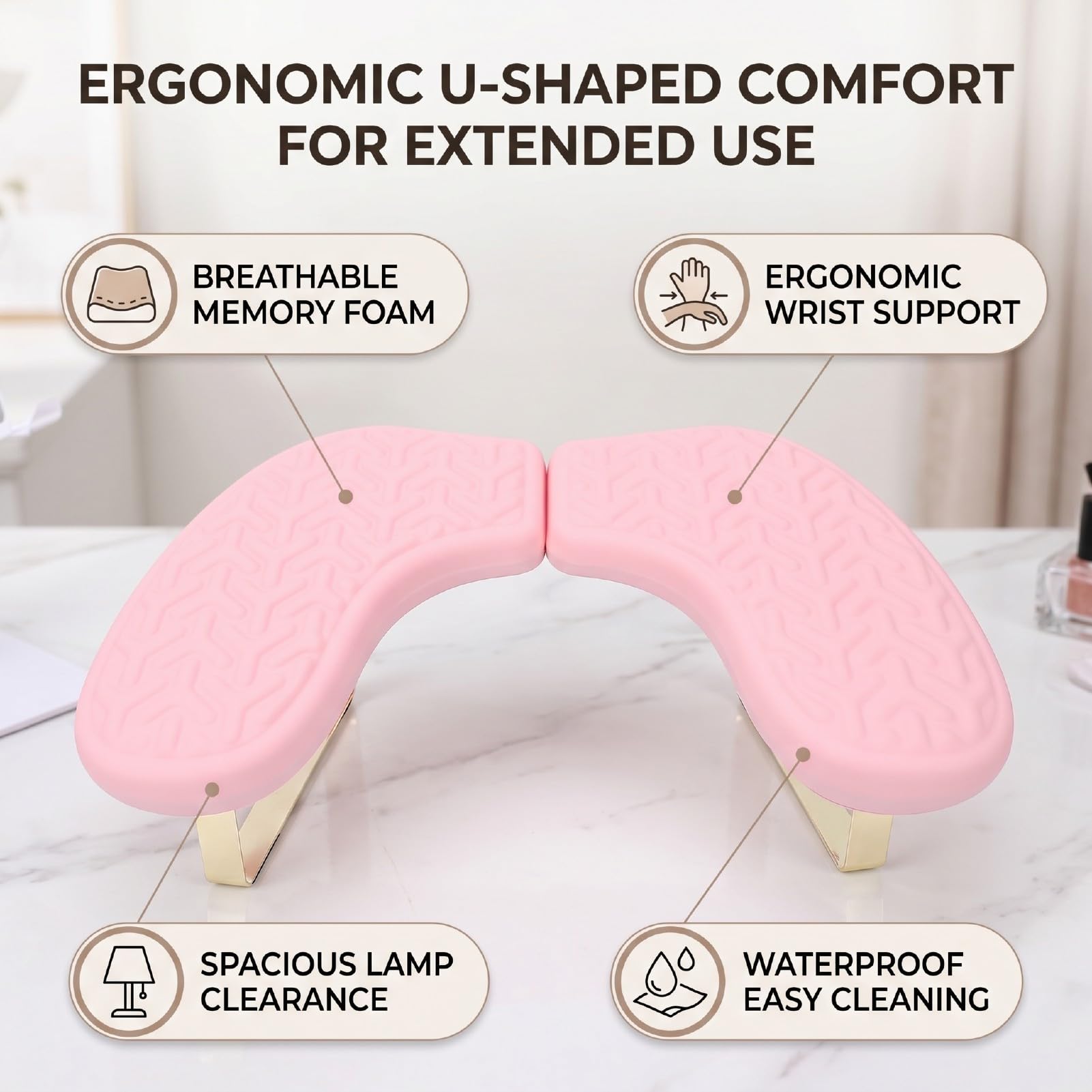 Sonew Podpórka na Dłonie do Paznokci, Oddychający, Ergonomiczny Podłokietnik do Manicure w Kształcie Litery U z wodoodporną podkładką z gąbką zapamiętującą Kształt Salonu Paznokci (PINK)
